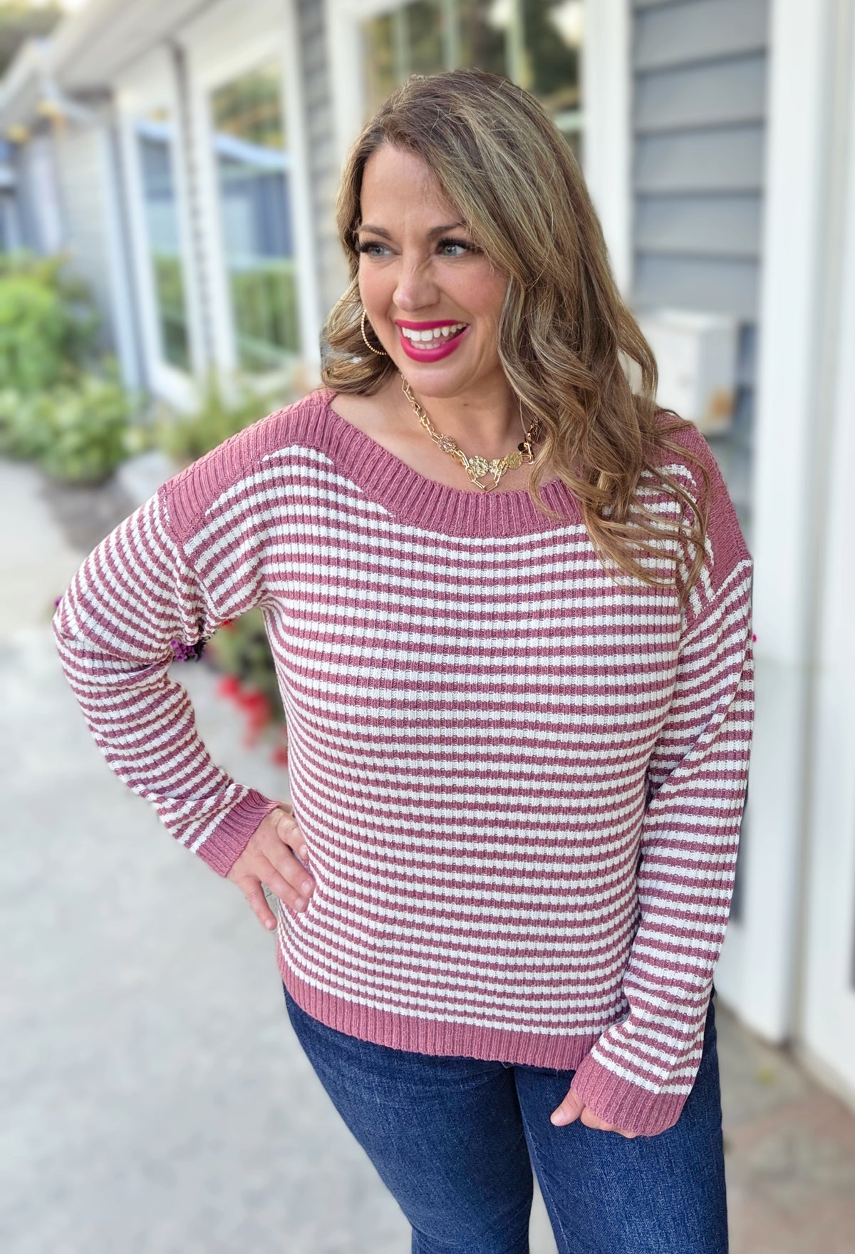 ROSE STRIPED BOAT NECK KNIT SWEATER