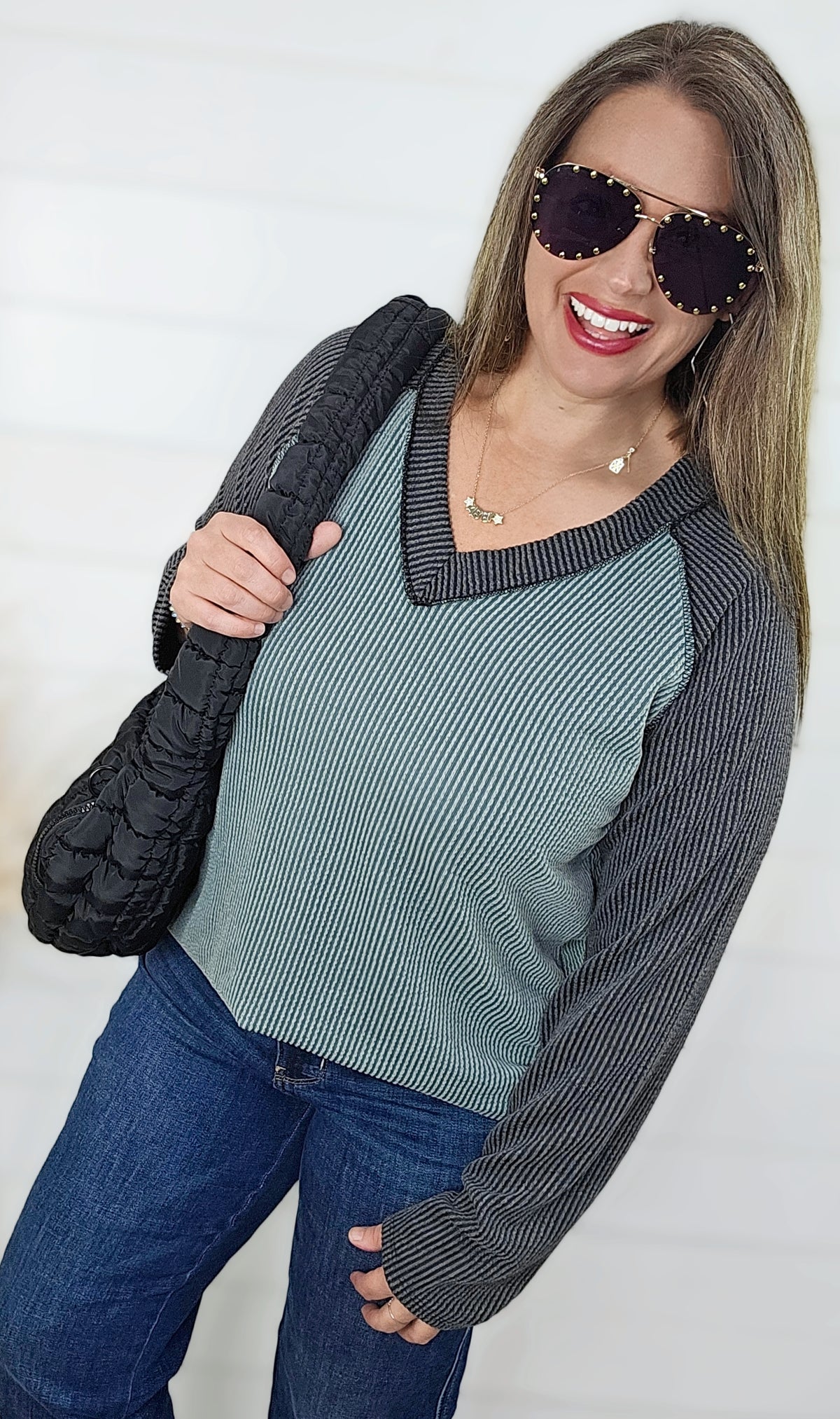 VINTAGE OLIVE/CHARCOAL RAISED RIBBED LONG SLEEVE TOP