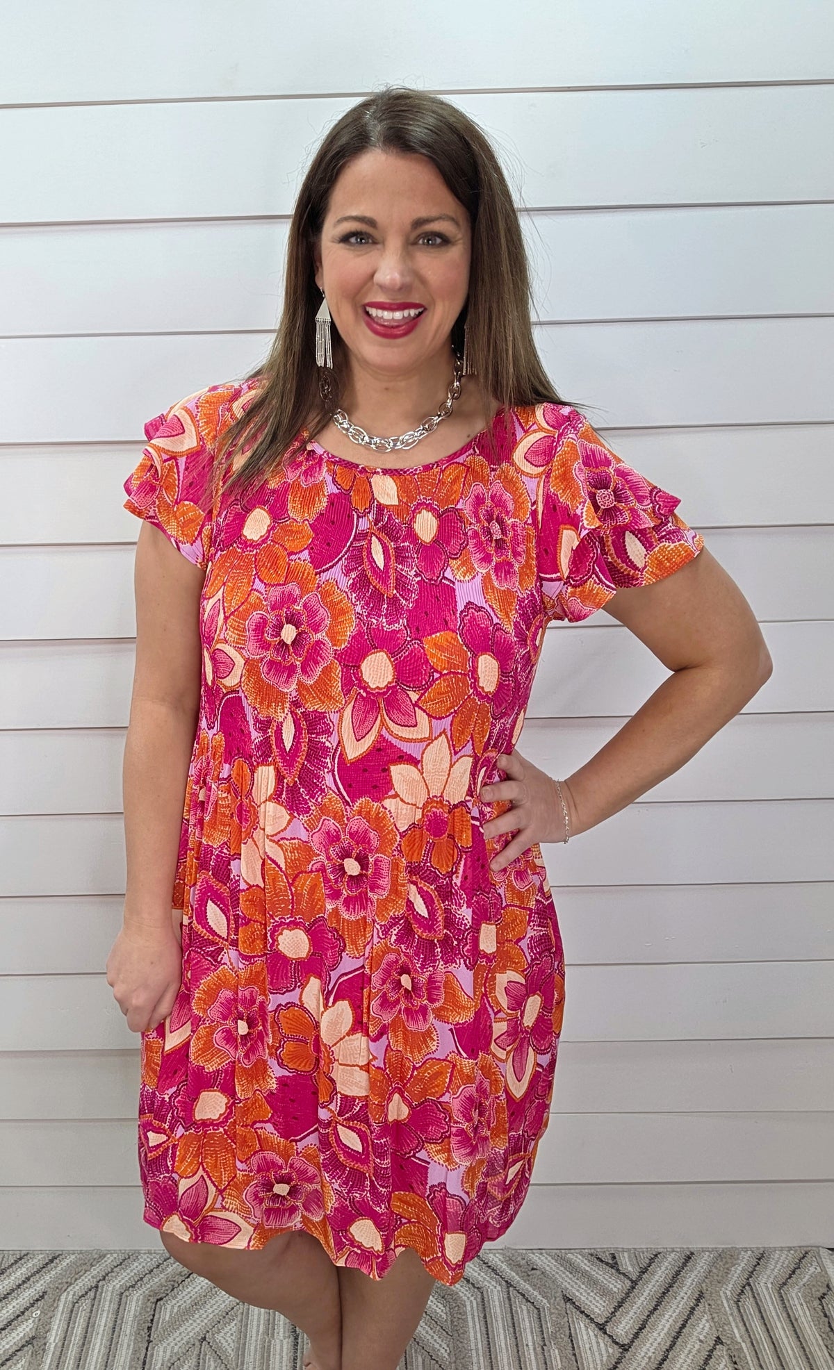 HOT PINK FLORAL LOOSE SMOCKED TOP DRESS