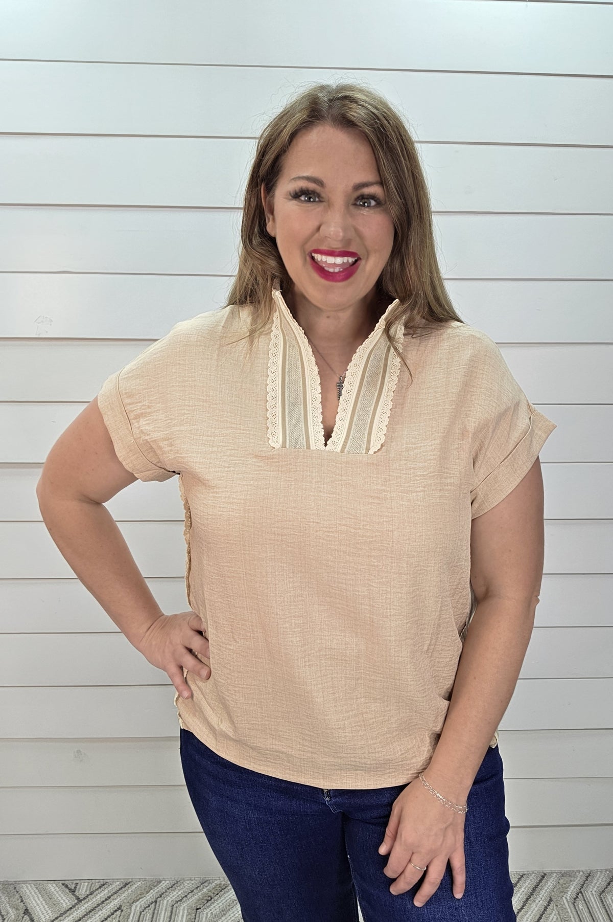 BEIGE LACE ACCENT V NECK WOVEN TOP