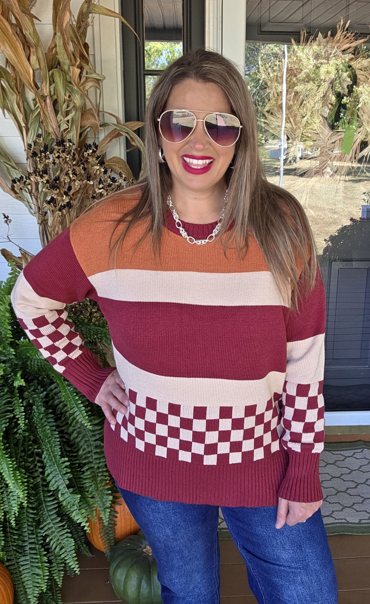 RUST CHECKERED COLORBLOCK KNIT SOFT SWEATER