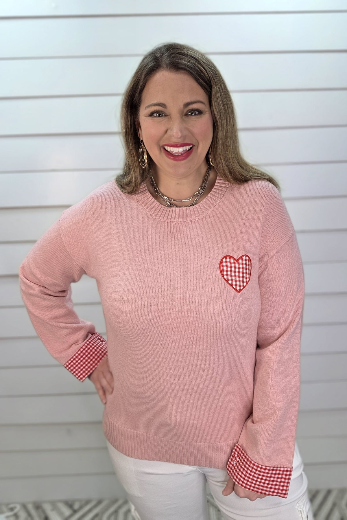 LIGHT PINK GINGHAM HEART KNIT SWEATER