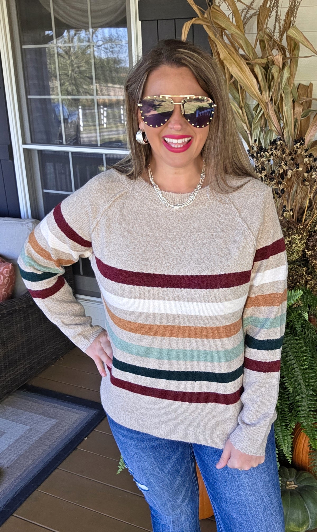 TAUPE MULTI STRIPE KNIT CREW NECK LIGHT WEIGHT SWEATER