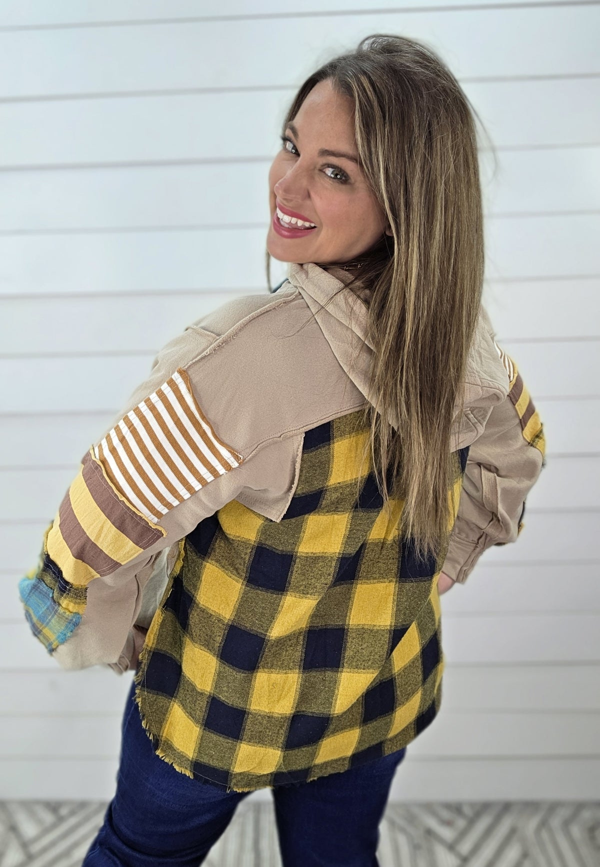 KHAKI FRENCH TERRY PLAID MIX CONTRAST OVERSIZED HOODIE