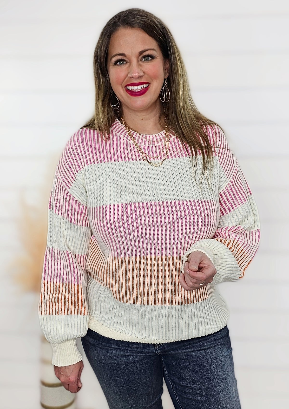 PINK COLORBLOCK TEXTURED KNIT SWEATER