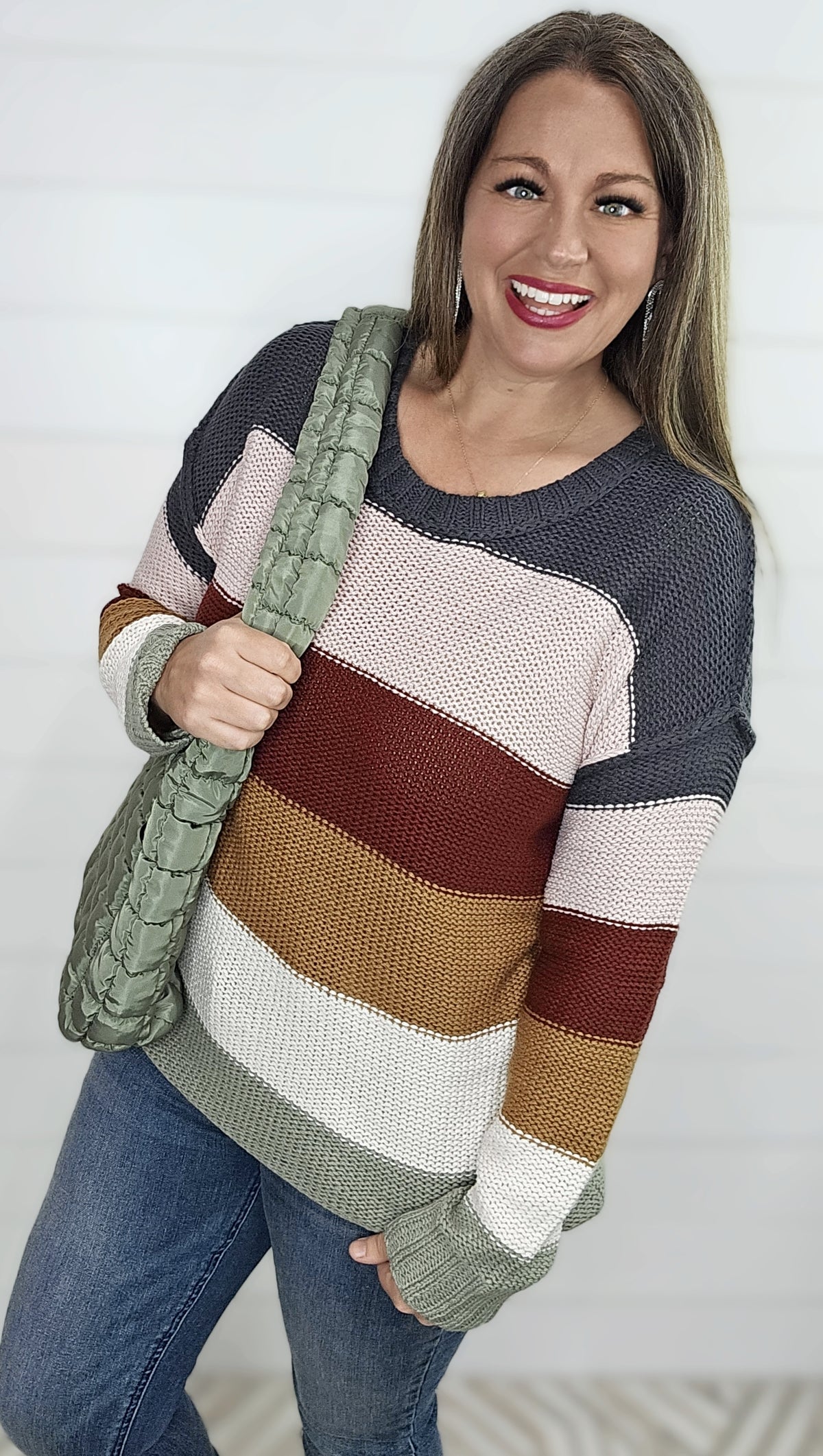 MULTI STRIPE MULTI COLOR CREW NECK KNIT SWEATER