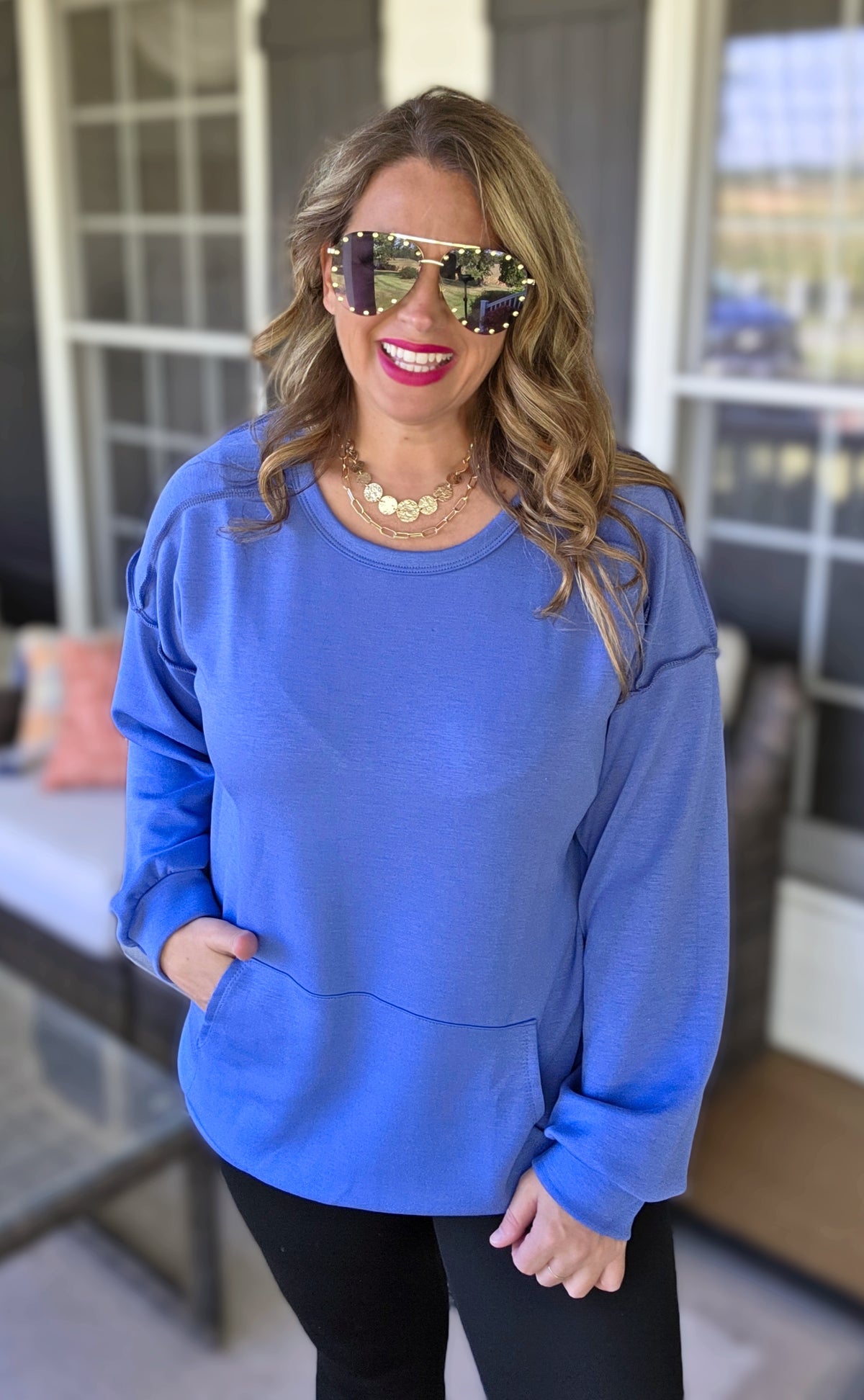 DENIM SCUBA CREW NECK PULLOVER WITH KANGAROO POCKET