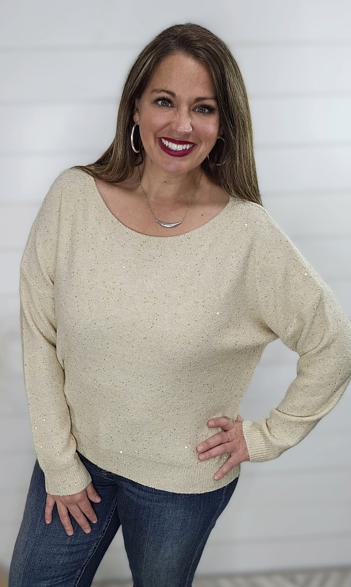 TAUPE GOLD SHIMMER SPARKLE BOAT NECK SWEATER