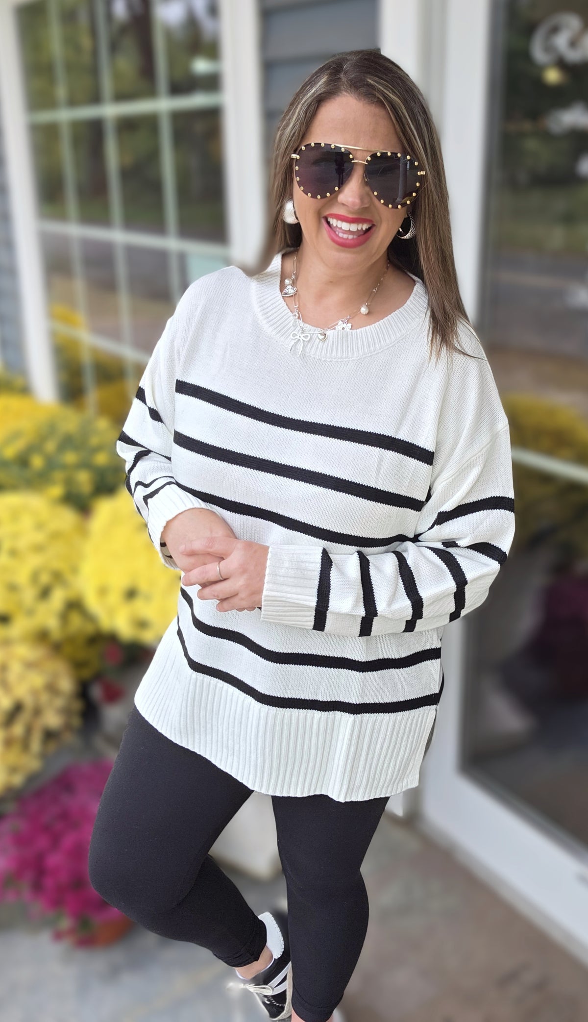 IVORY/BLACK STRIPED OVERSIZED CREW NECK SWEATER