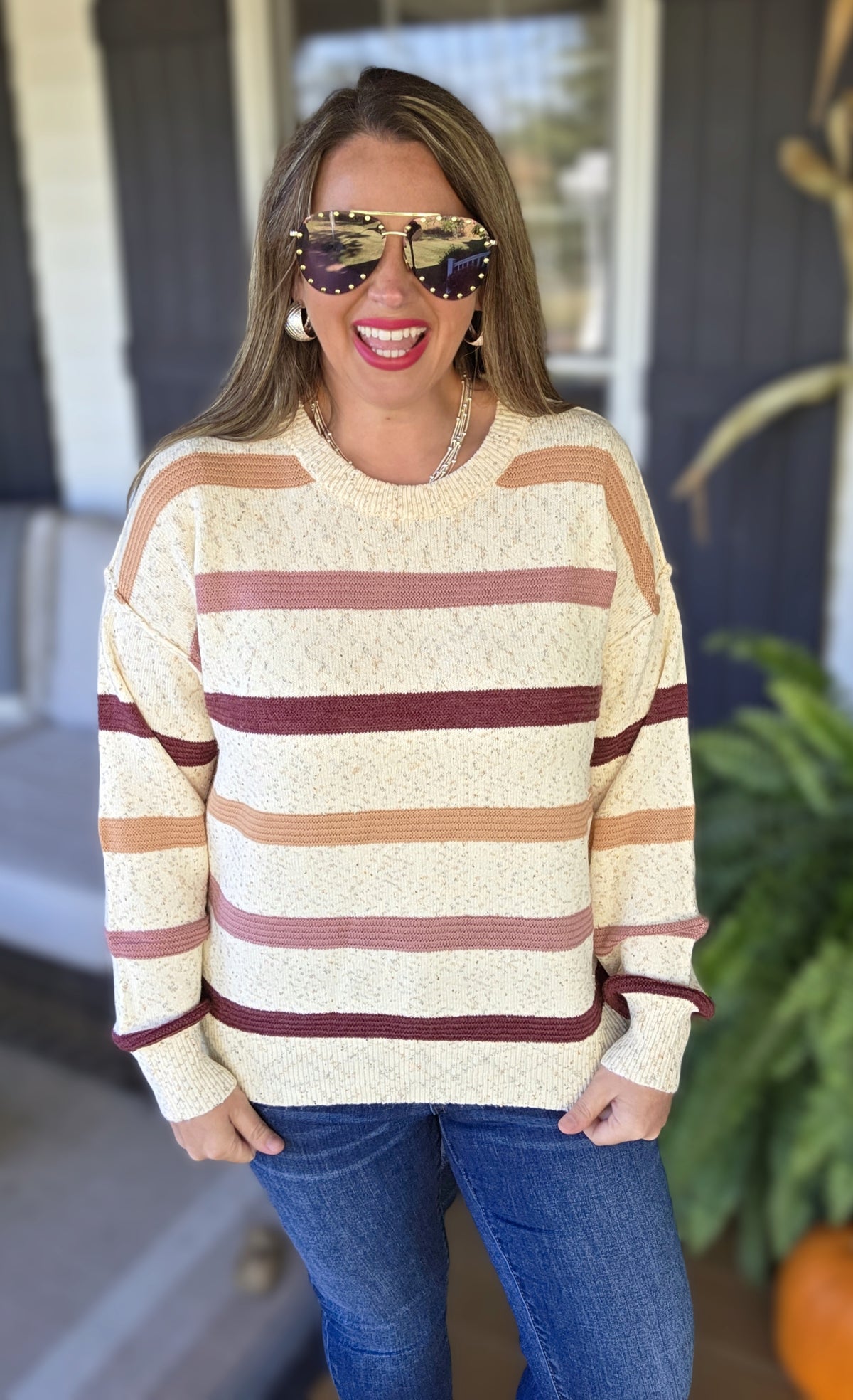 OATMEAL/ROSE SPECK STRIPED KNIT LIGHT WEIGHT SWEATER