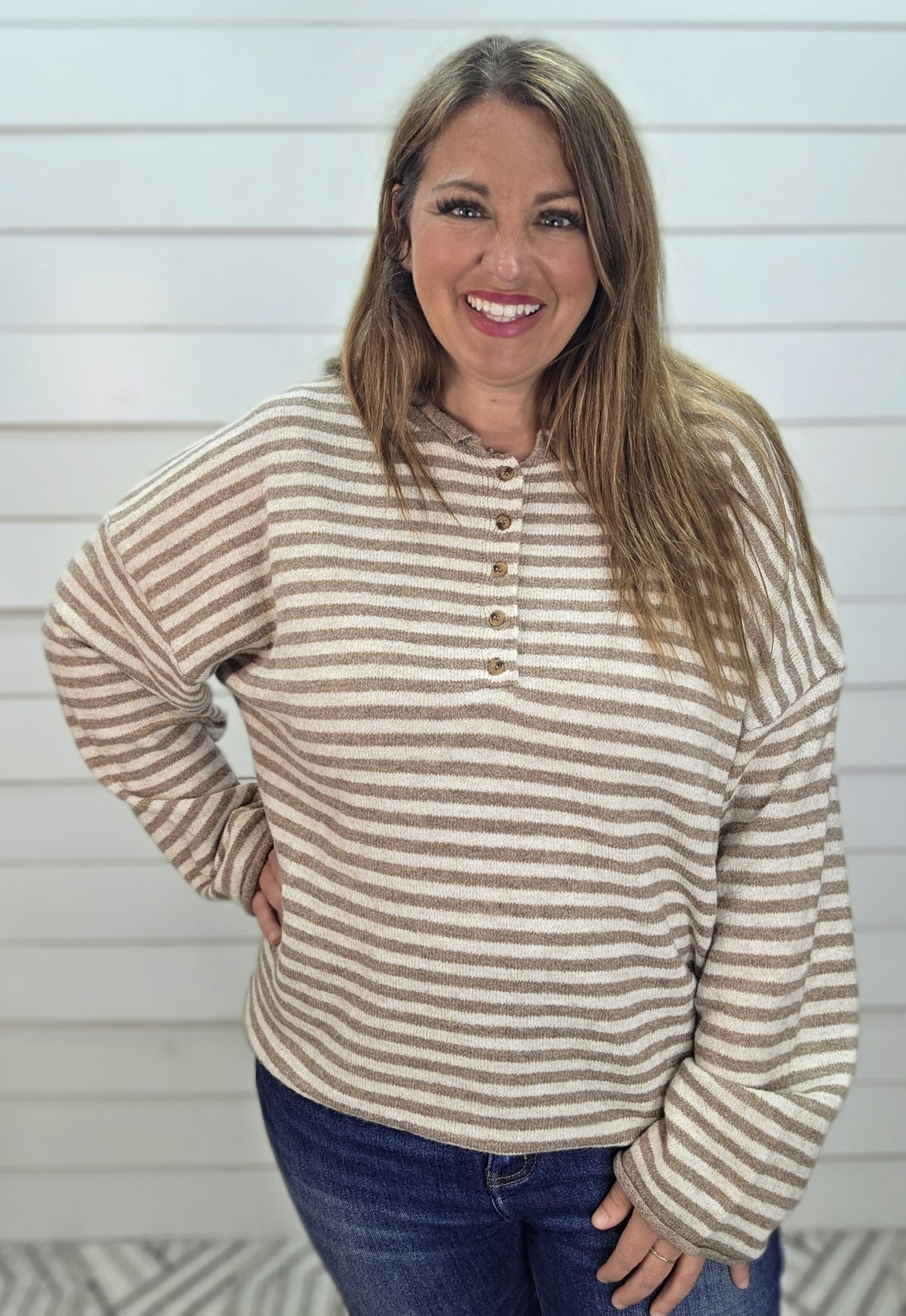MOCHA Button Henley Stripe Long Sleeve Drop Shoulder Sweater