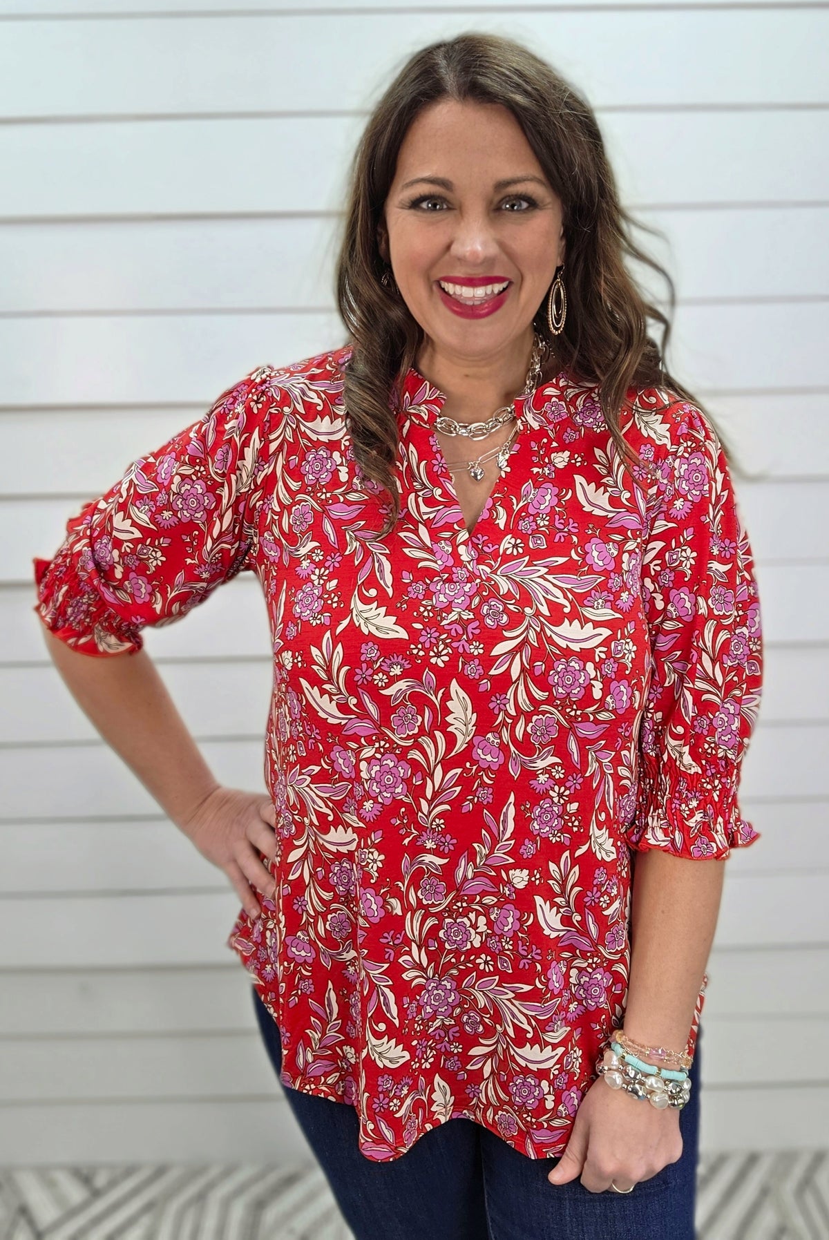 DEAR SCARLETT SMOCKED TOP - RED PRINTED