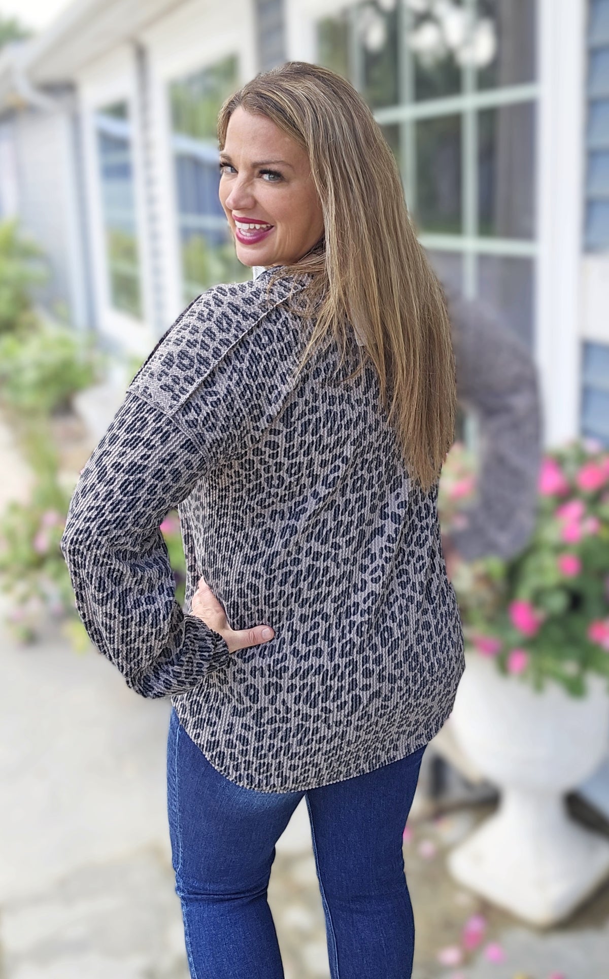 COCO ANIMAL HENLEY RAISED RIBBED LONG SLEEVE KNIT TOP