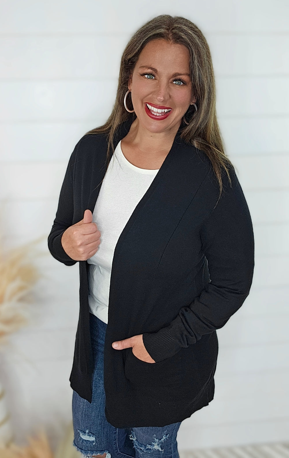 BLACK ULTRA SOFT OPEN FRONT CARDIGAN W/ SIDE POCKETS