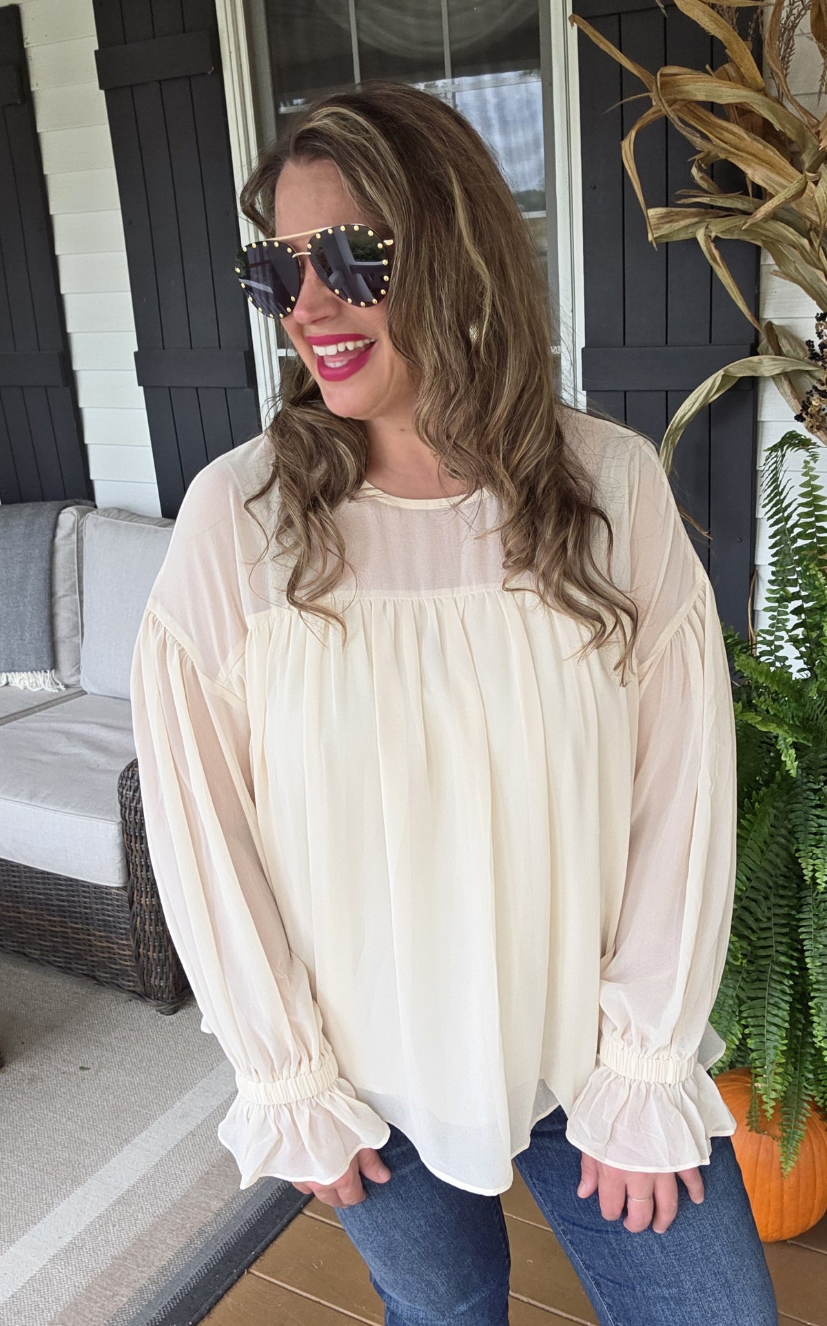 BEIGE FLOWY CHIFFON STYLE BLOUSE