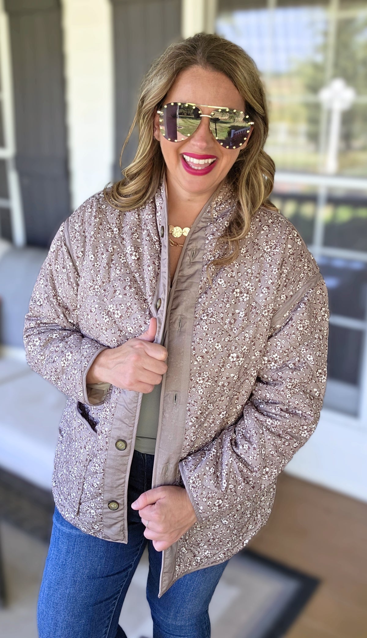 KARENT HART TAUPE REVERSIBLE FLORAL/KHAKI QUILTED JACKET