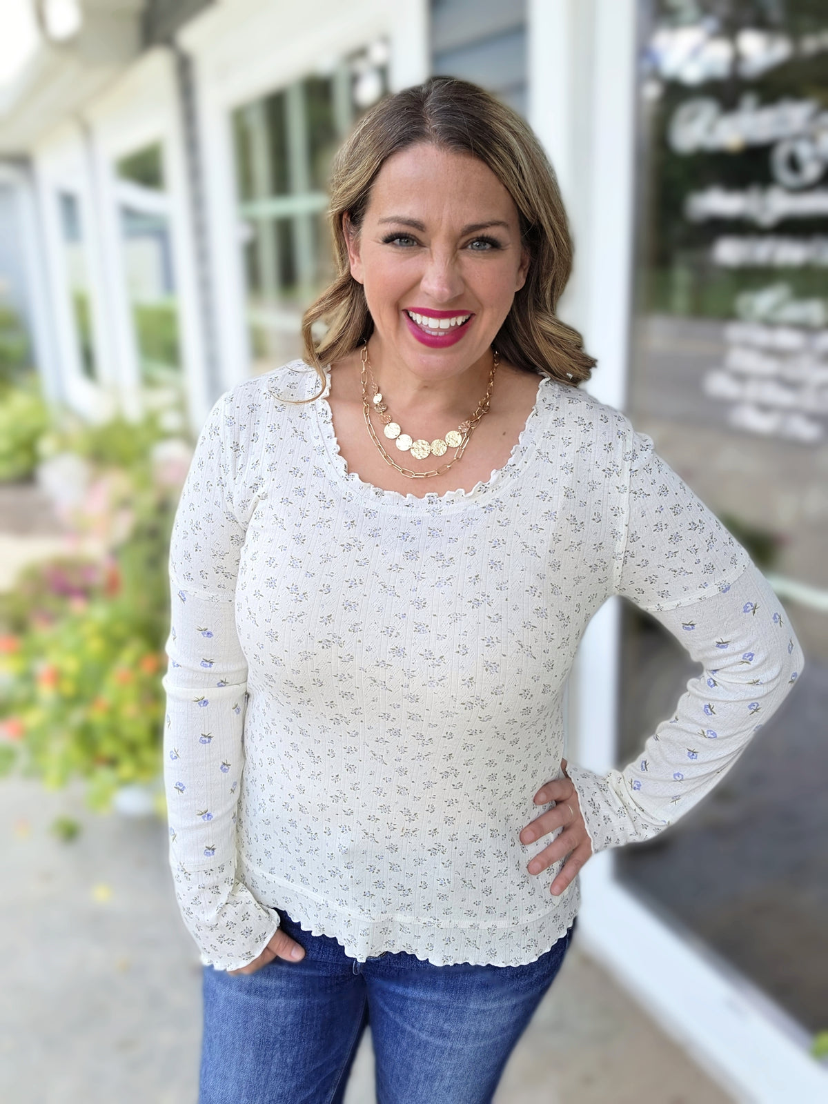 CREAM KNIT PETITE FLORAL RUFFLE TRIM TOP