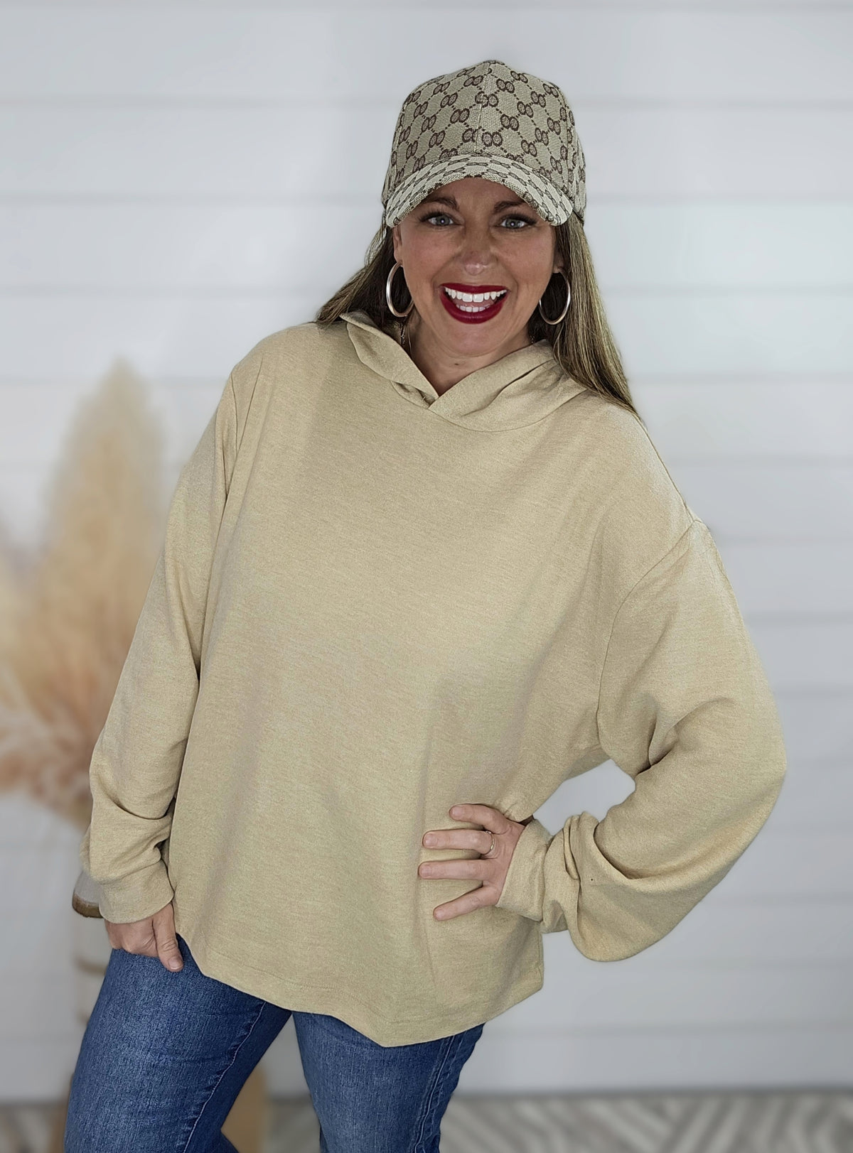 TAUPE HOODED SOFT BRUSHED KNIT PULLOVER