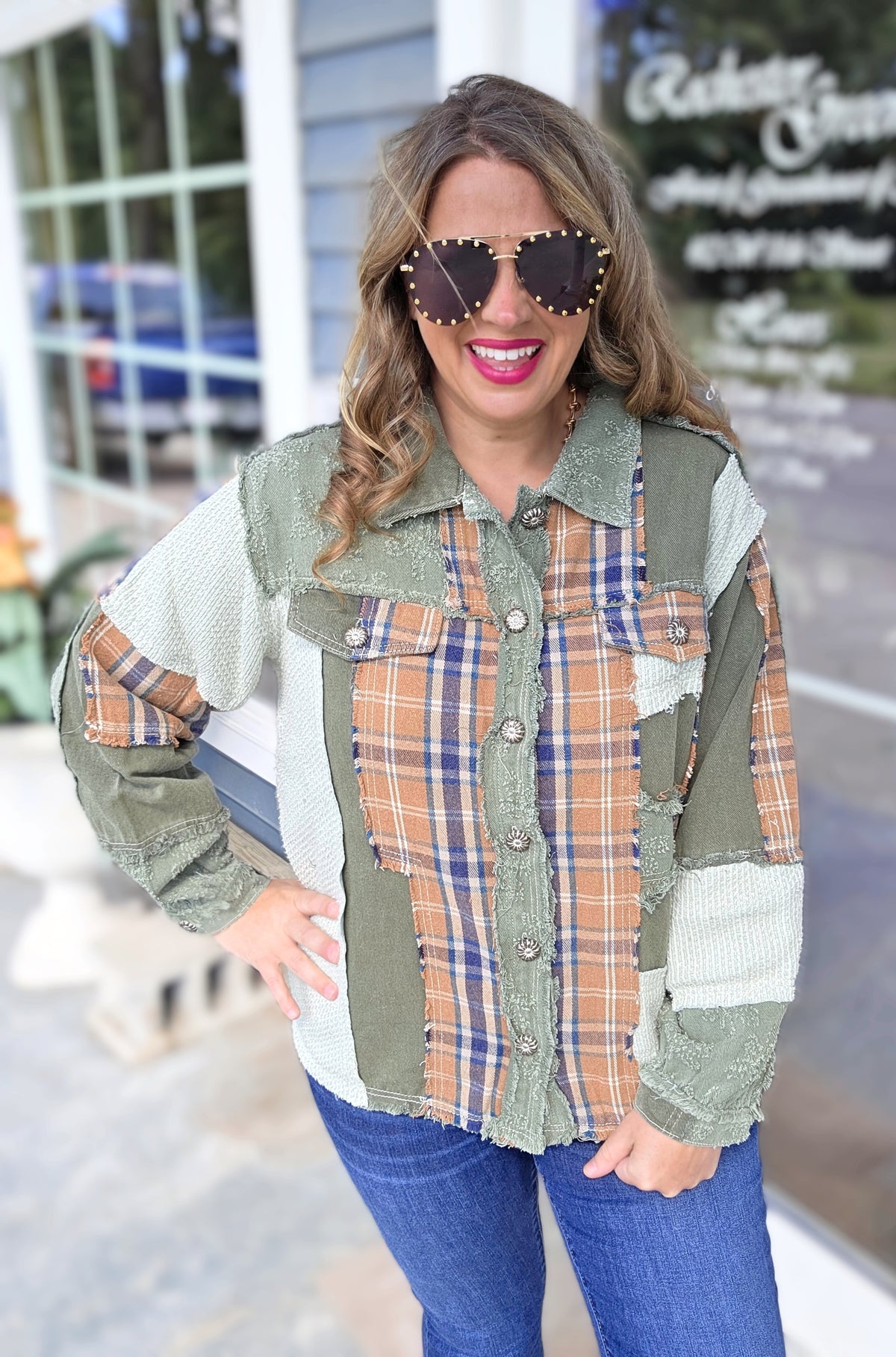 POL OLIVE/MUSTARD PLAID BUTTON UP JACKET