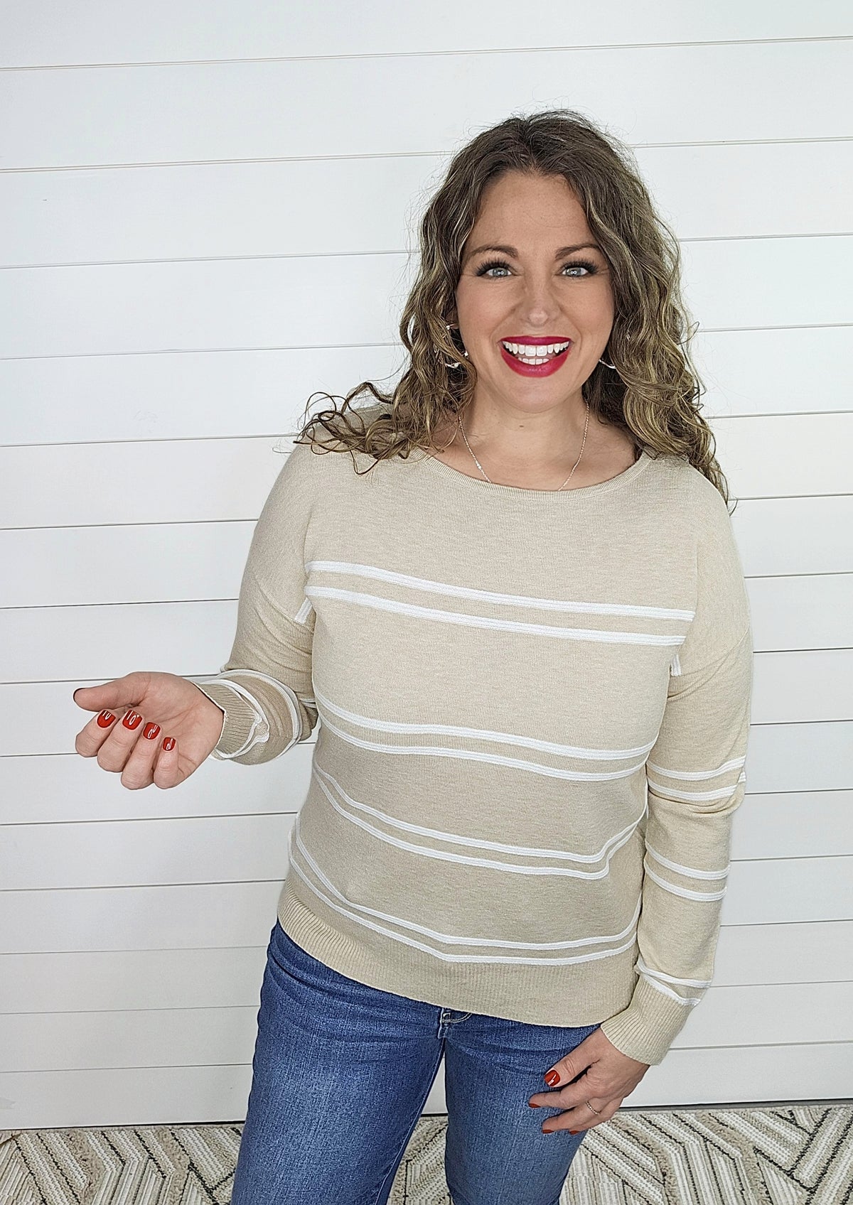 TAUPE TEXTURED STRIPE BOAT NECK SWEATER