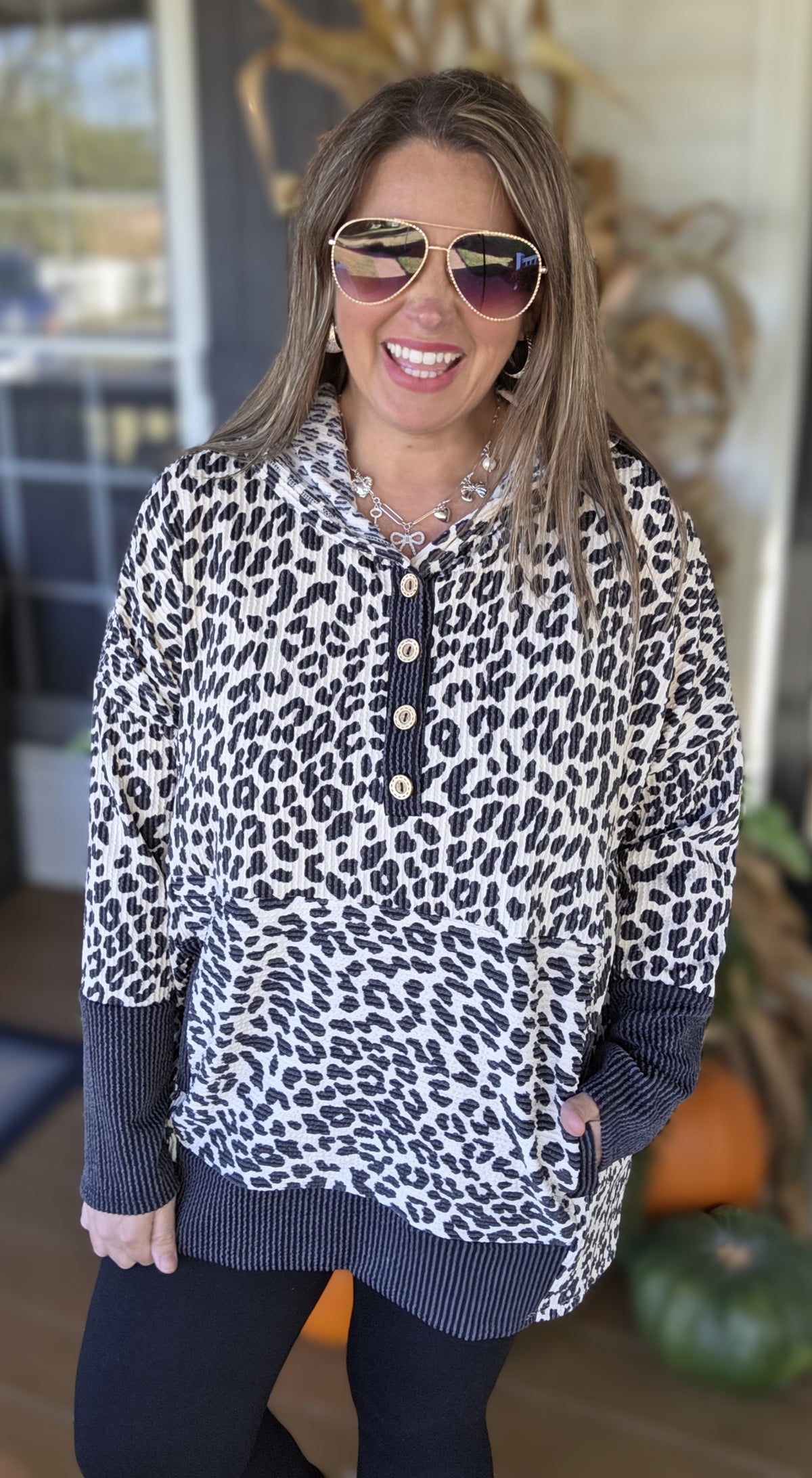 ANIMAL PRINT RAISED RIBBED OVERSIZED HOODIE WITH KANGAROO POCKET