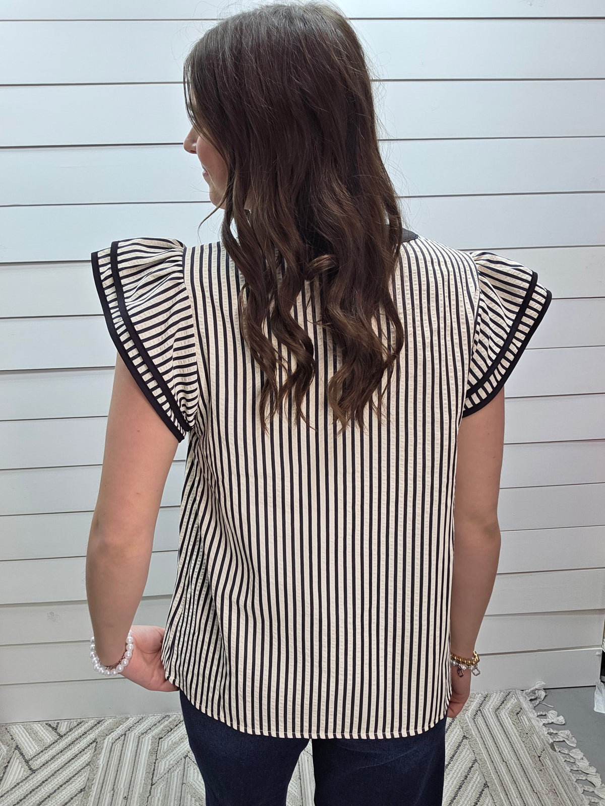 BLACK STRIPED V NECK RUFFLE SLEEVE WOVEN TOP