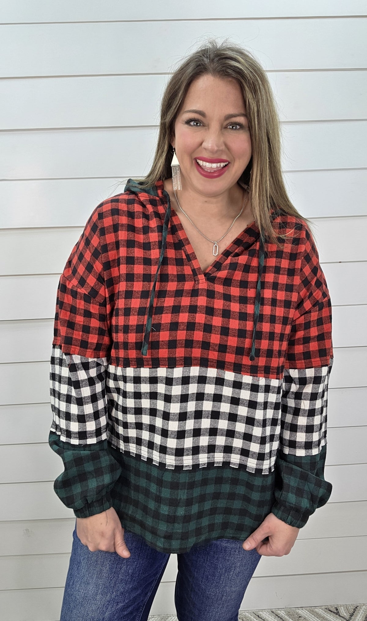 RED/BLACK/GREEN PLAID COLORBLOCK HOODED TOP
