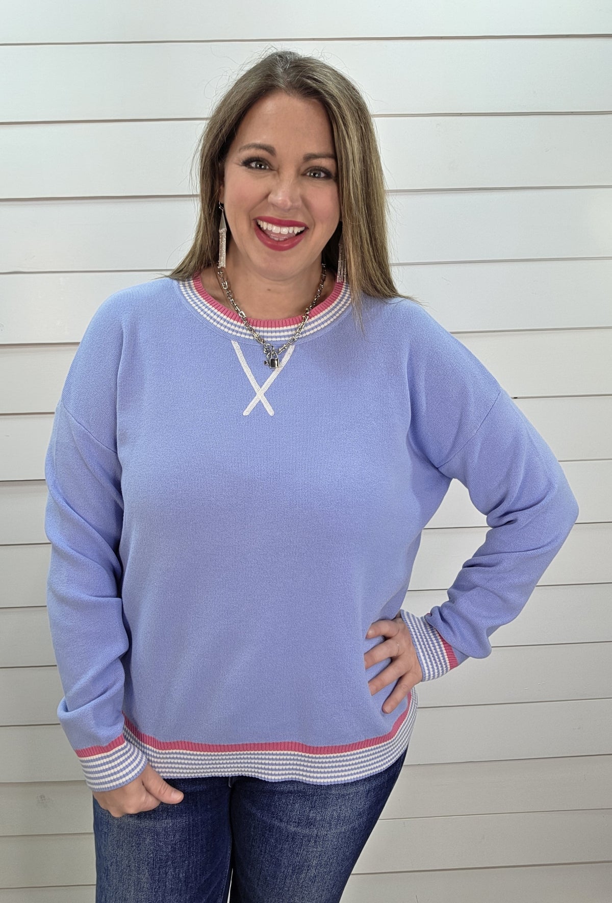 LT BLUE/PINK CONTAST CREW NECK PULLOVER SWEATER