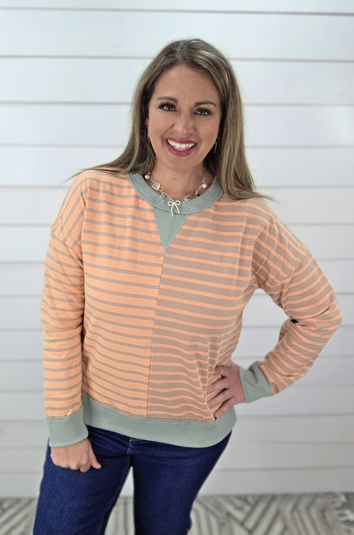 ORANGE/SAGE STRIPED COLORBLOCK CONTRAST FRENCH TERRY TOP