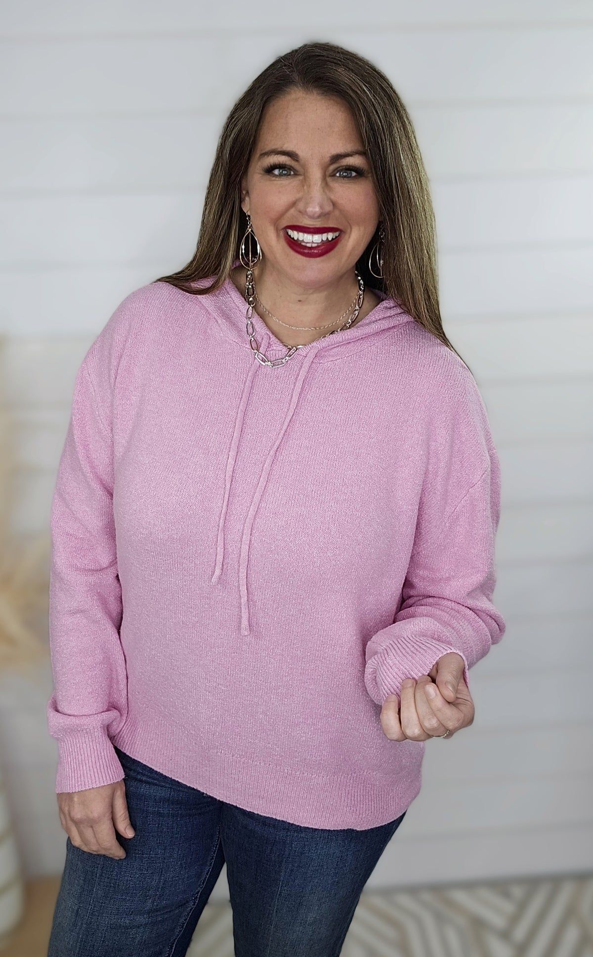 ROSE PINK SWEATER KNIT HOODED TOP