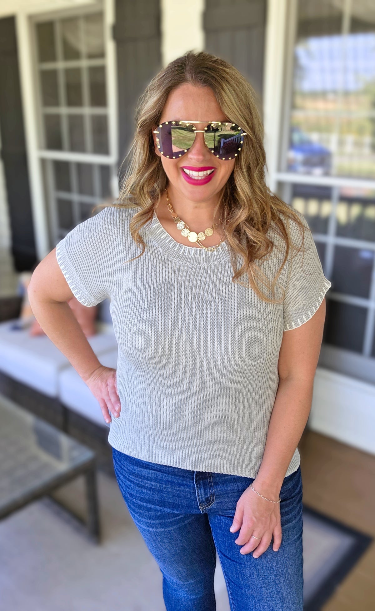 GREY STITCHED HEM CREW NECK SHORT SLEEVE PULLOVER SWEATER