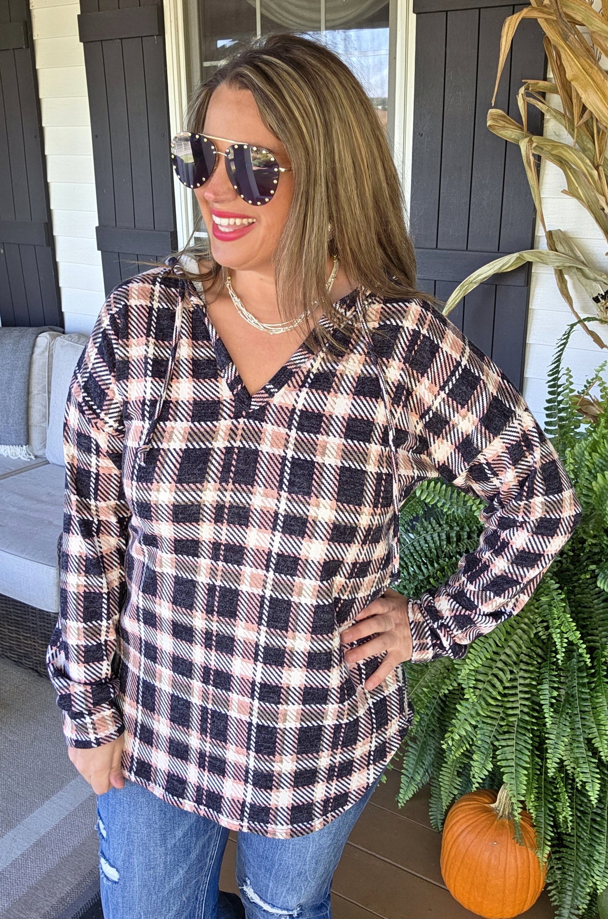 NAVY/ROSE PLAID CHECK FRECH TERRY HOODIE