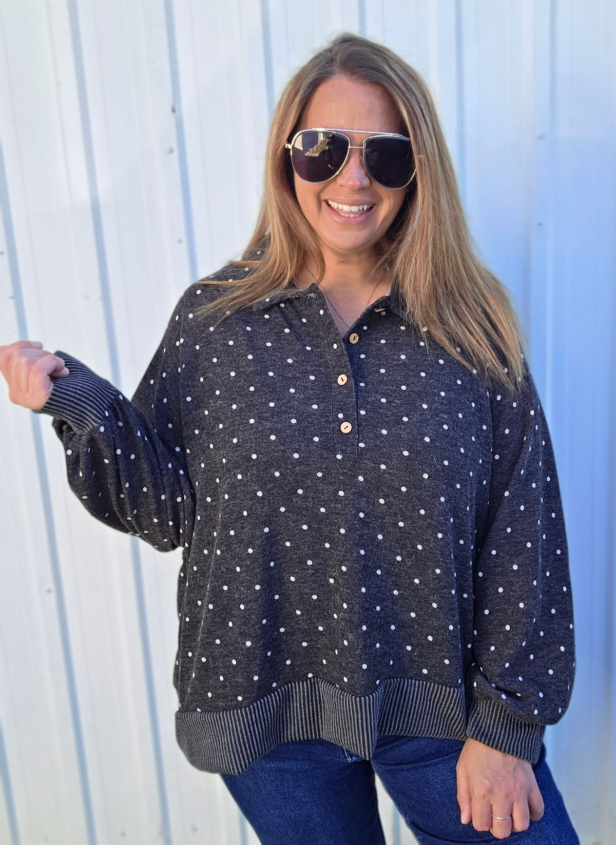 Charcoal Collared Neck Long Sleeve Polkadot Pullover Top With A Relaxed Loose Fit