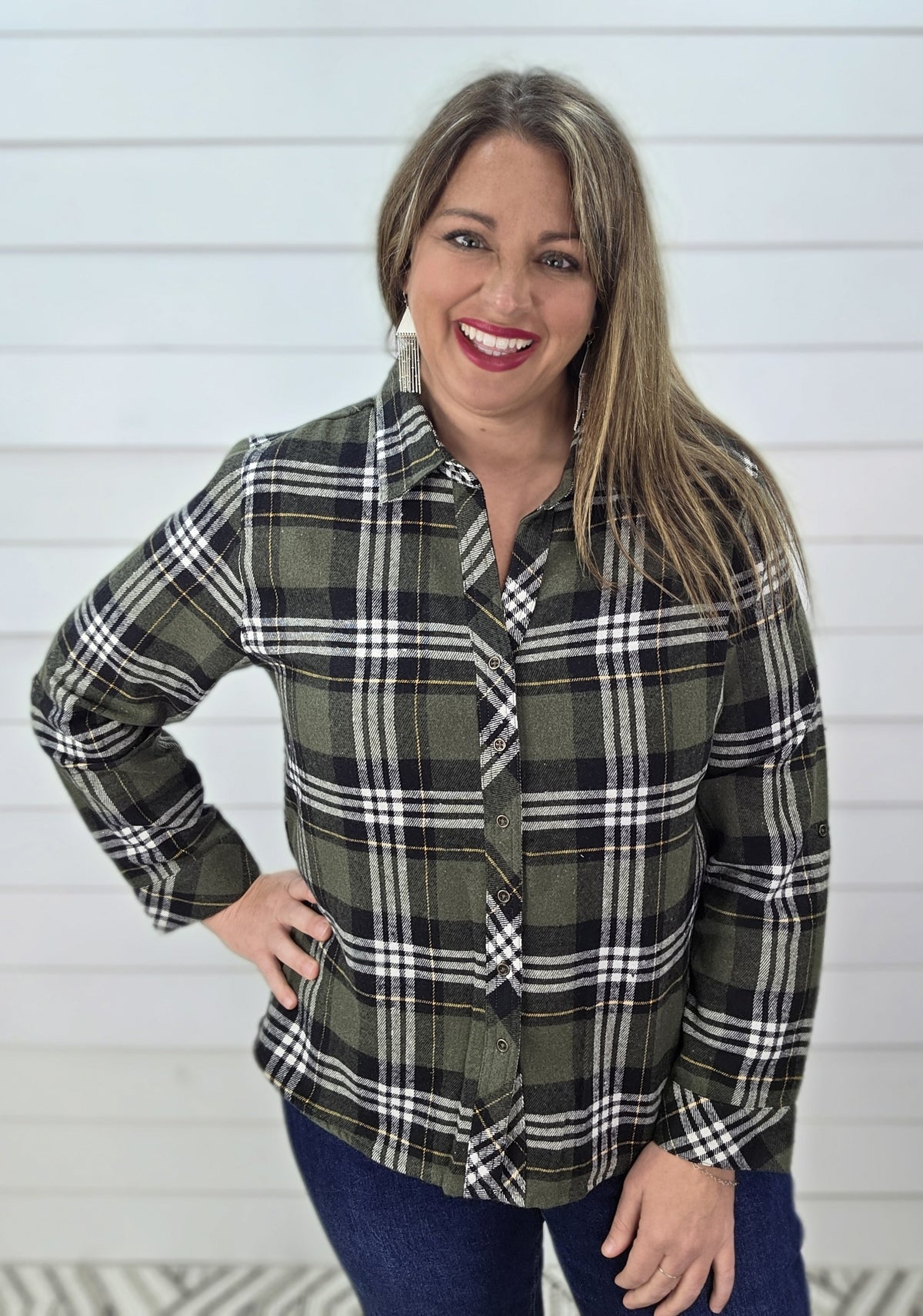 KAREN HART GREEN/BLACK HIGH LOW BUTTON DOWN PLAID FLANNEL