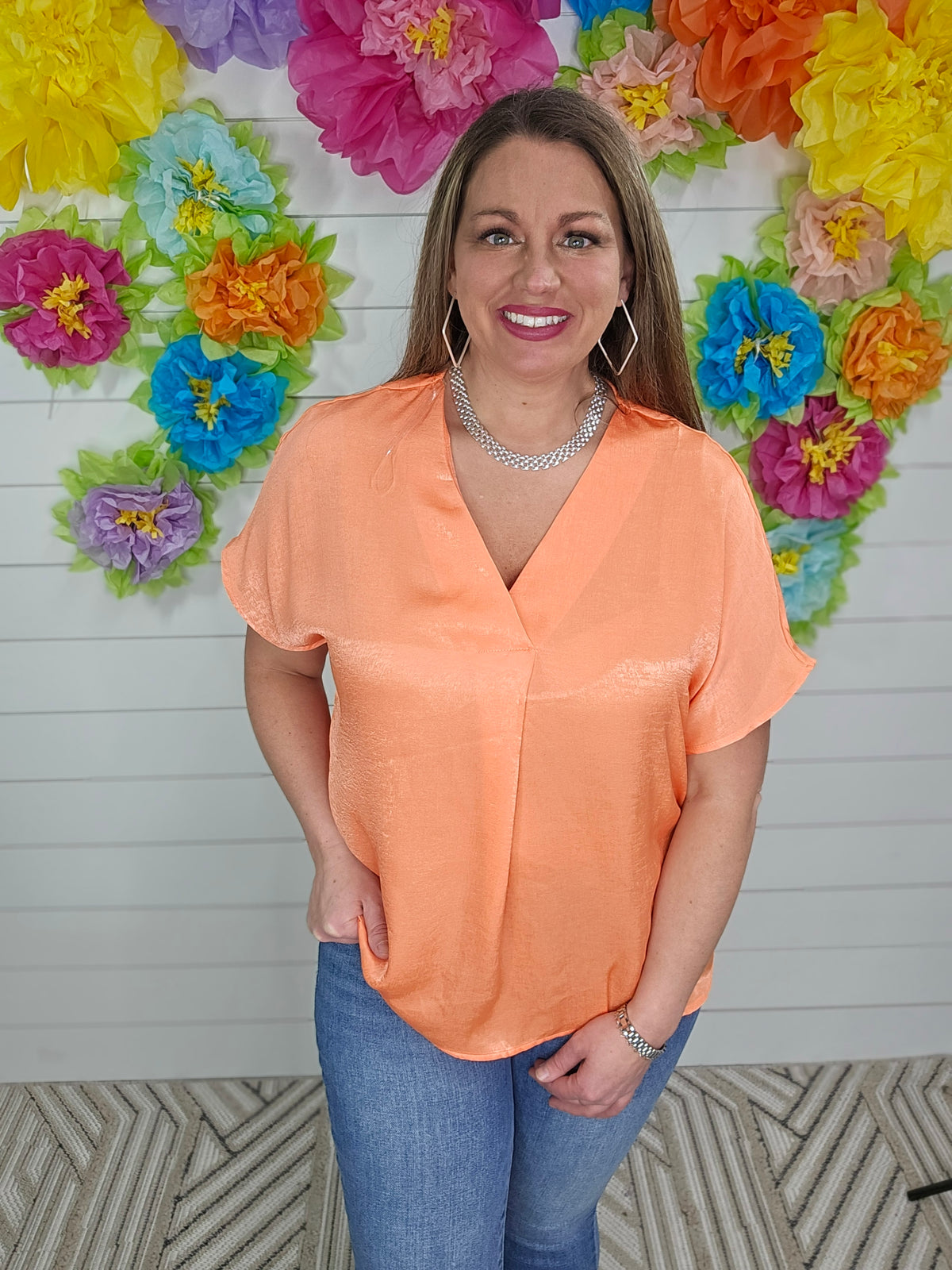 ORANGE V NECK PLEATED DOLMAN TOP