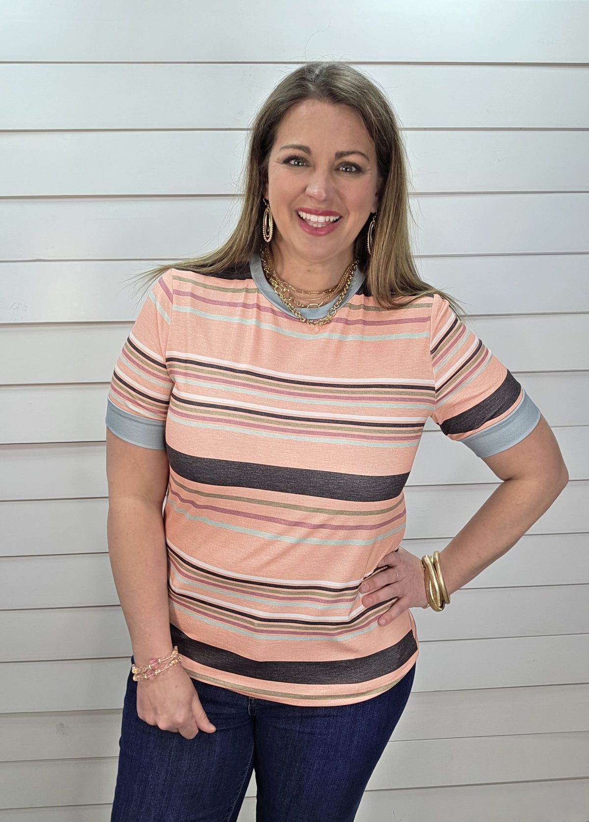 CORAL MULTI COLOR STRPED CREW NECK TSHIRT