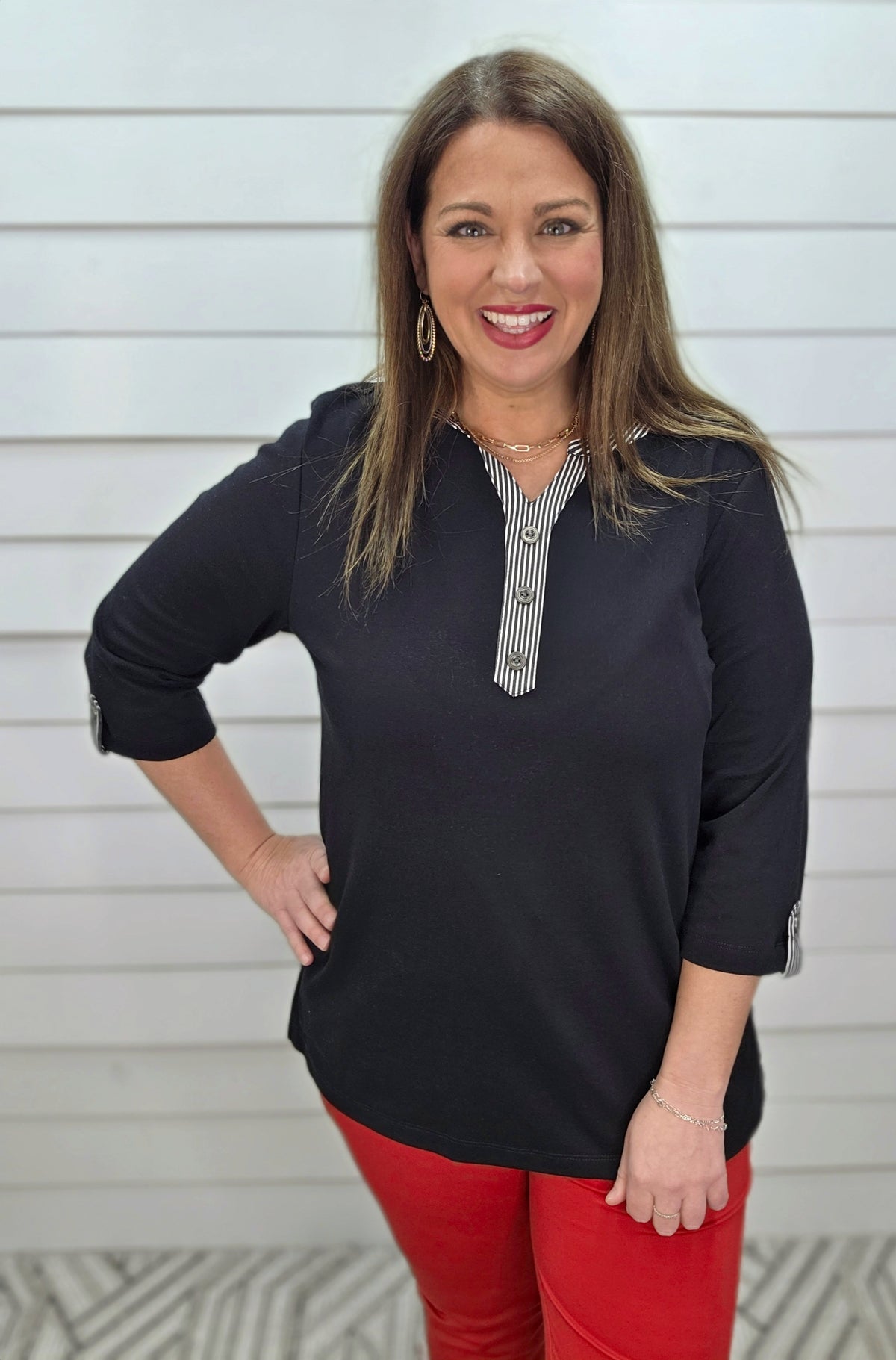BLACK COTTON BLEND TOP W/ PINSTRIPE DETAIL
