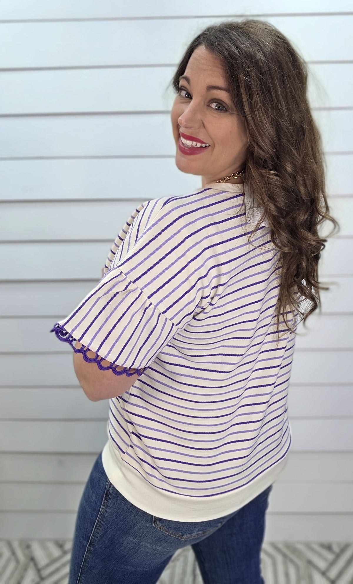 PURPLE/WHITE STRIPED KNIT TOP W/ RUFFLE SLEEVES
