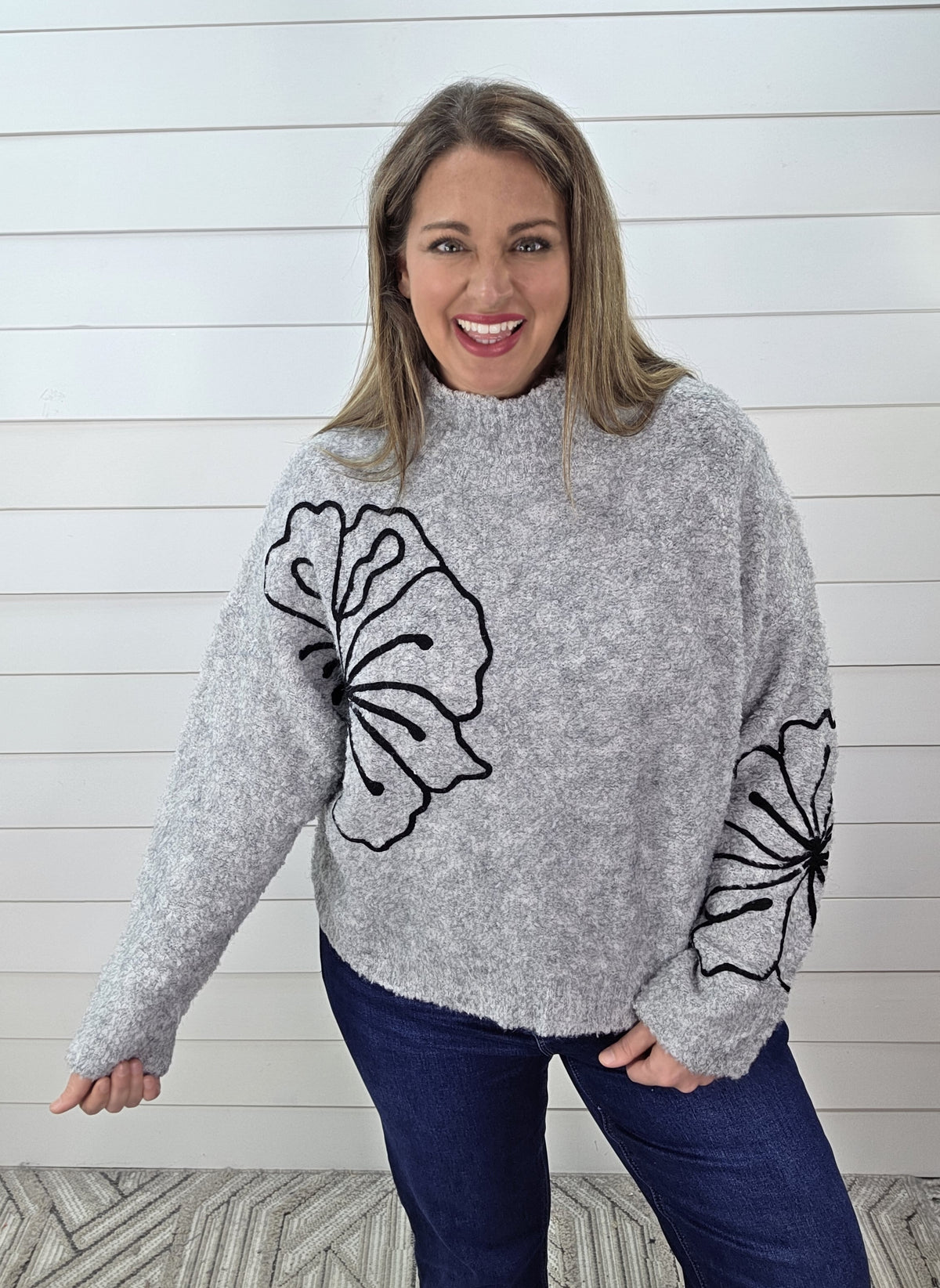 GREY PLUSH 3D FLORAL MOCK NECK SWEATER