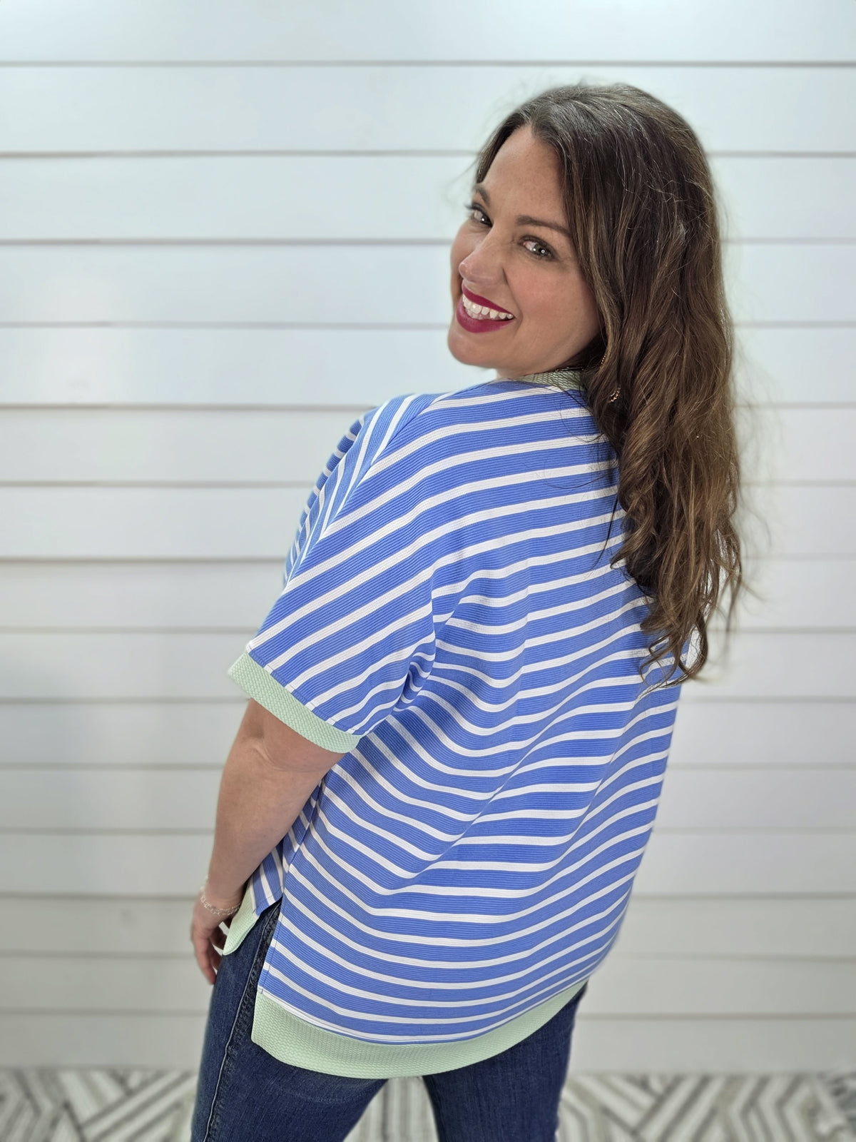 SKY STRIPED KNIT TOP W/ GREEN TRIM