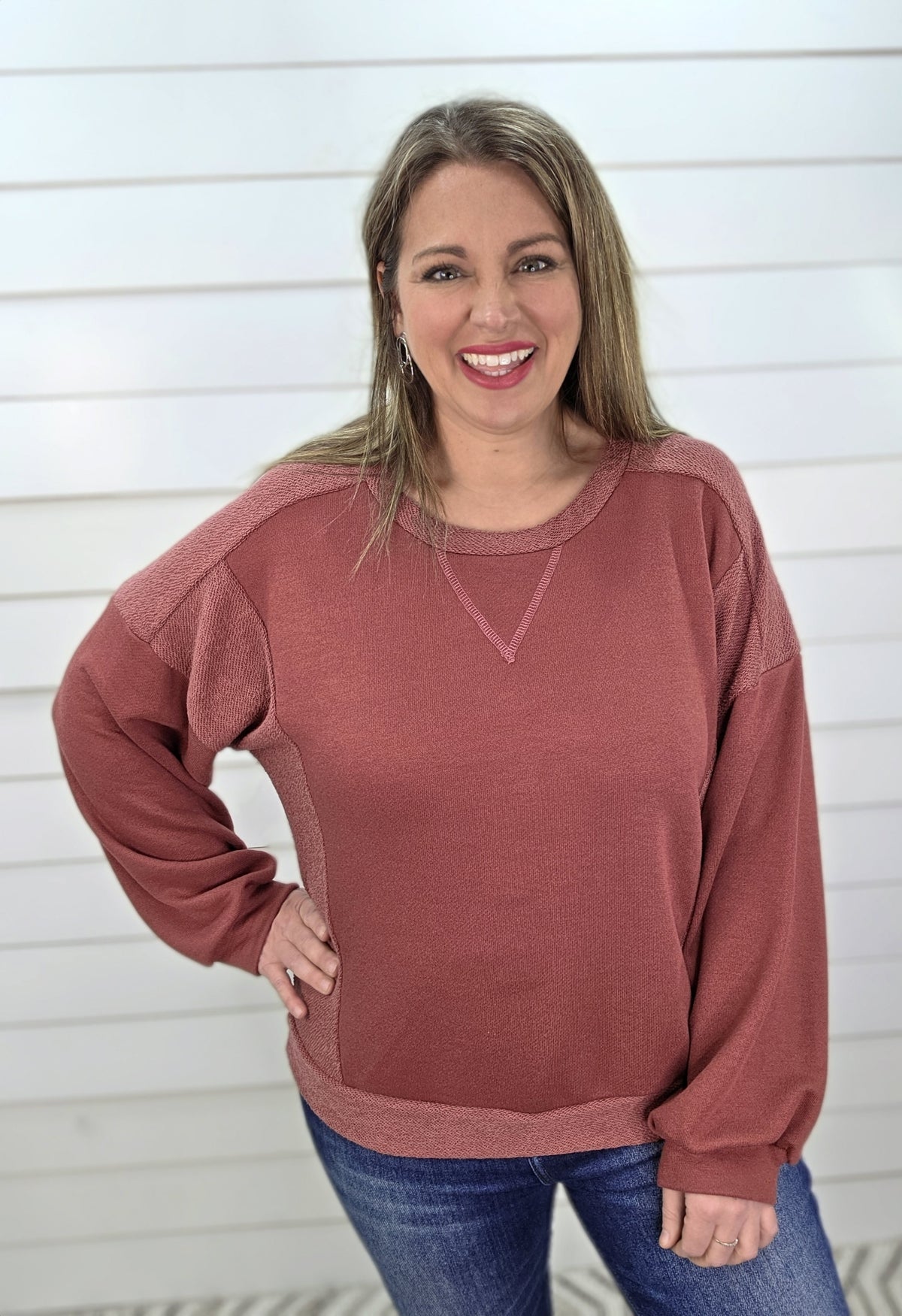 MARSALA FRENCH TERRY W/ REVERSE FRENCH TERRY KNIT PULLOVER