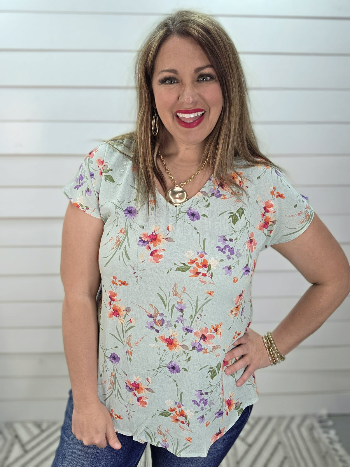 MINT FLORAL V NECK WOVEN TOP