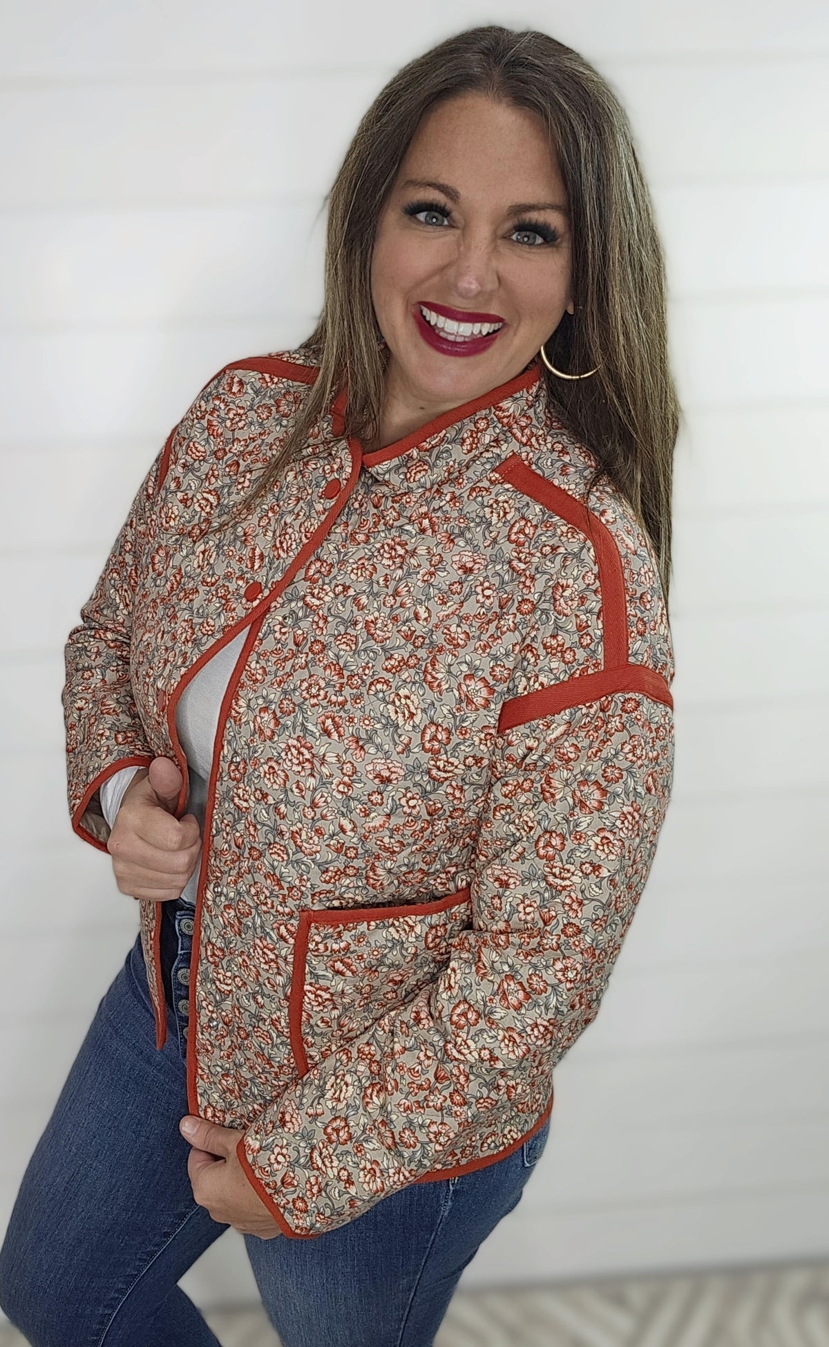 TAUPE/RUST FLORAL QULITED JACKET