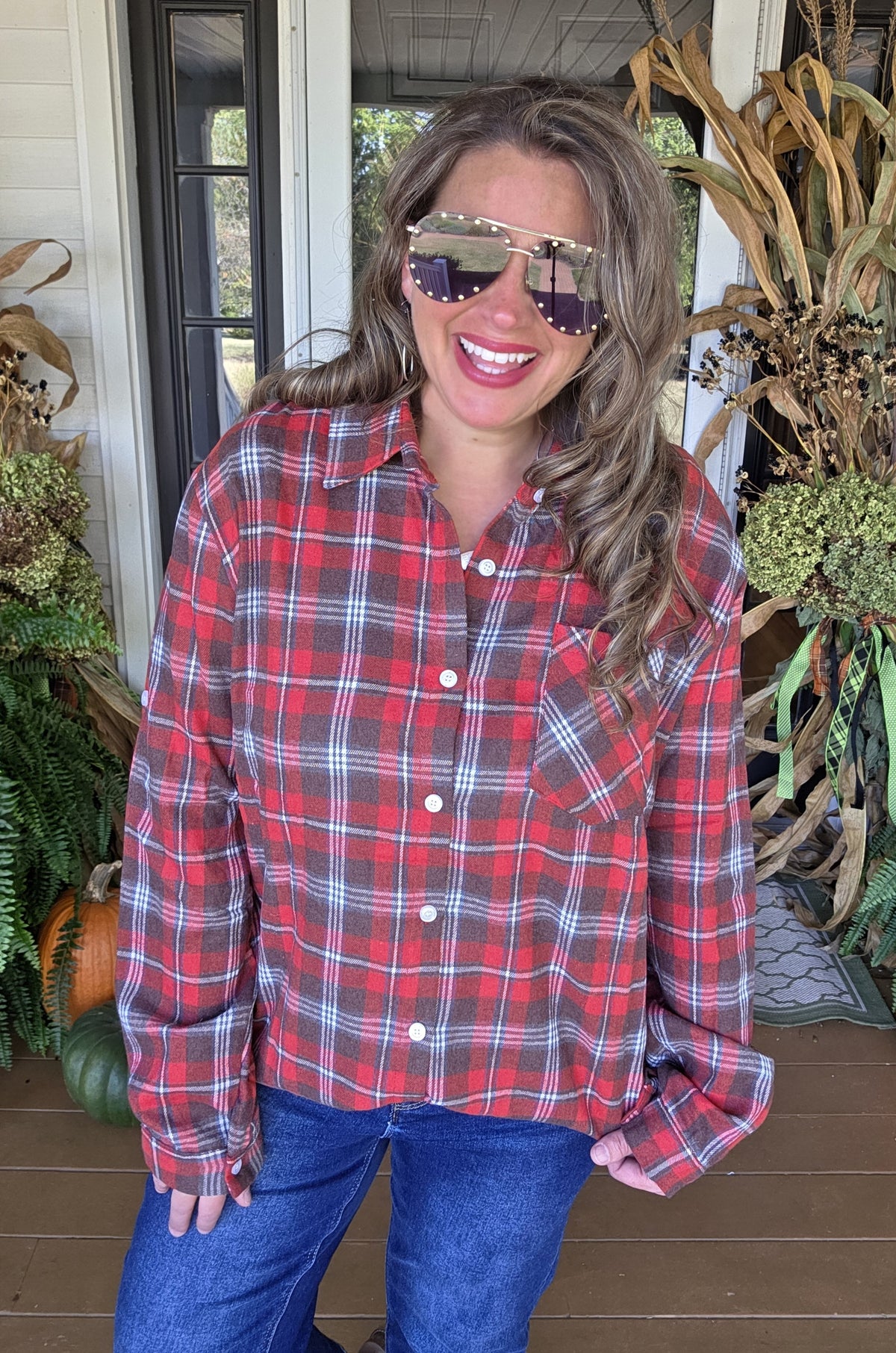 RED CHECK PLAID BUTTON DOWN FLANNEL