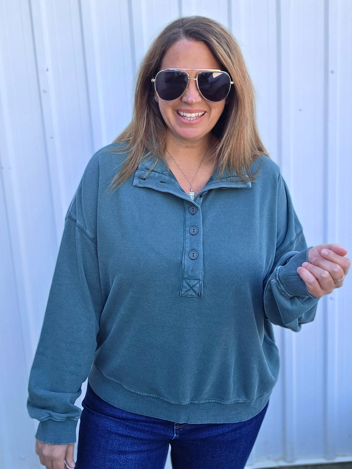 Dark Green Ultra Soft Mineral Wash Half Button Pullover
