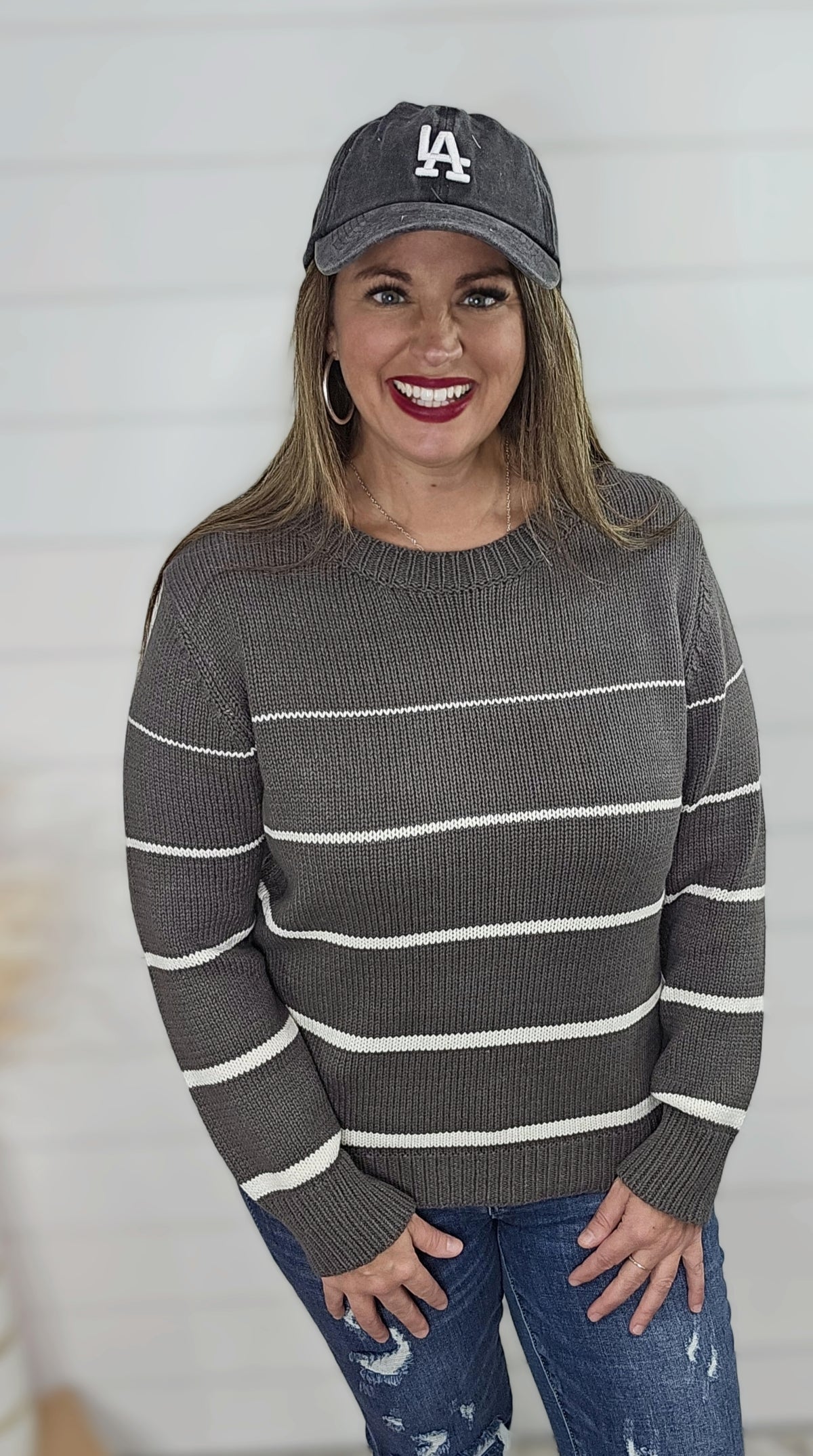 CHARCOAL PINSTRIPE COTTON BLEND SWEATER