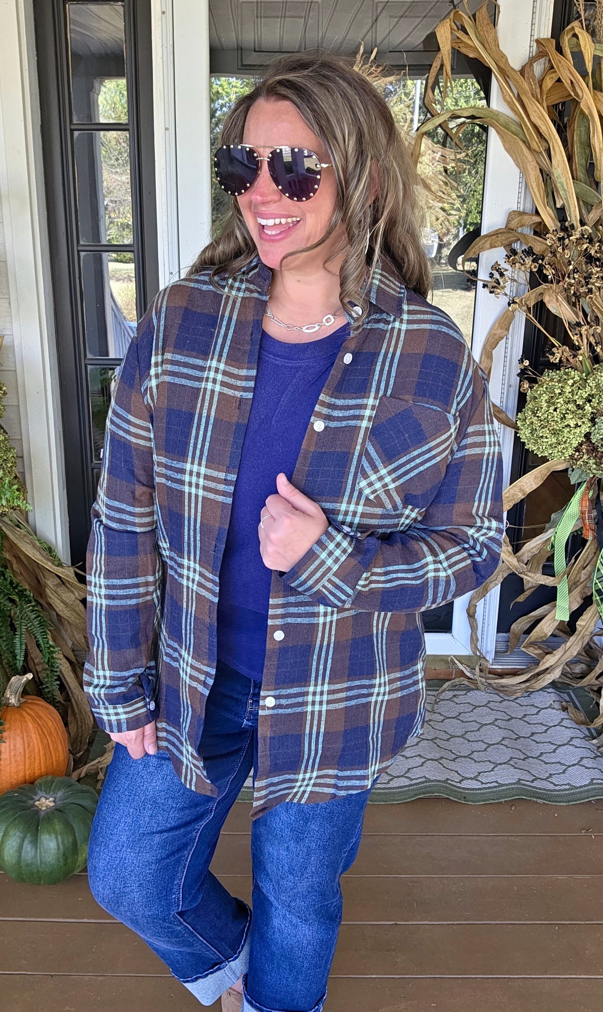 BLUE/BROWN/TEAL CHECK BUTTON DOWN PLAID TOP
