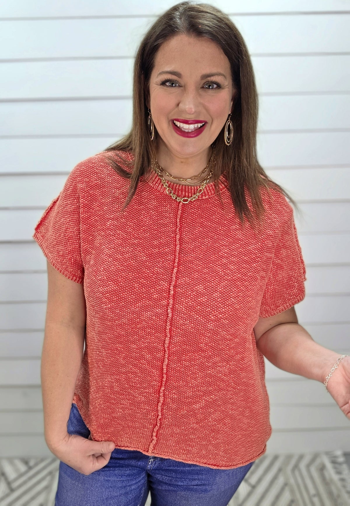 RED MINERAL WASH LOOSE FIT SHORT SLEEVE SWEATER KNIT TOP