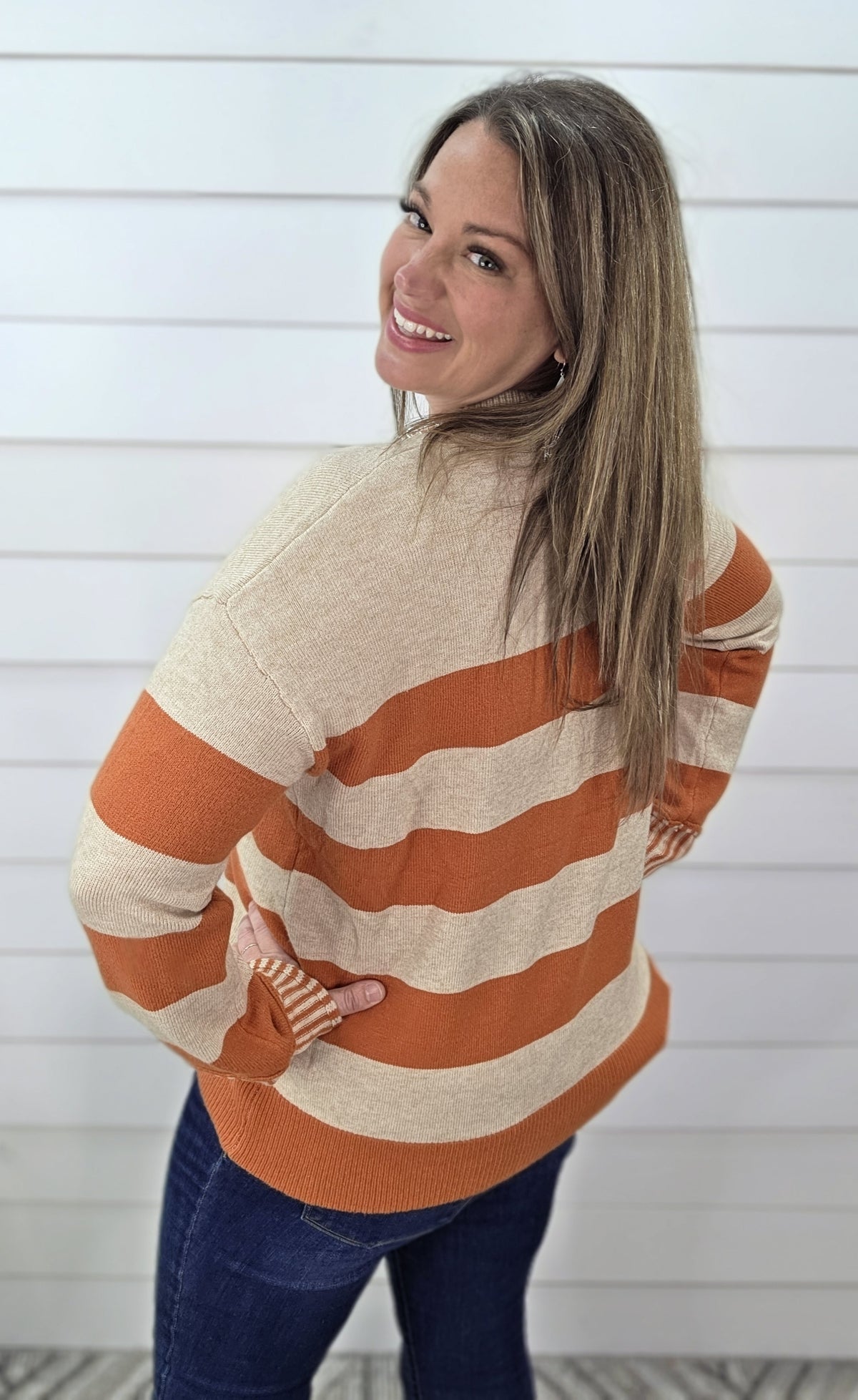 PUMPKIN STRIPED PULLOVER KNIT SWEATER WITH CONTRAST CUFFS