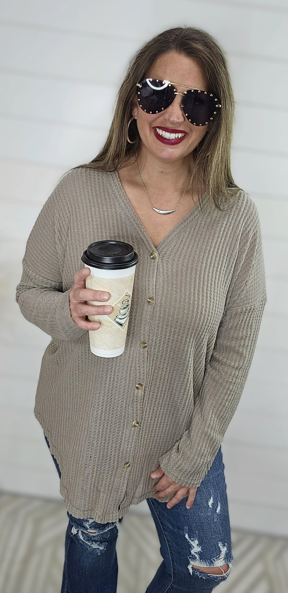 TAUPE WAFFLE KNIT BUTTON DOWN TOP